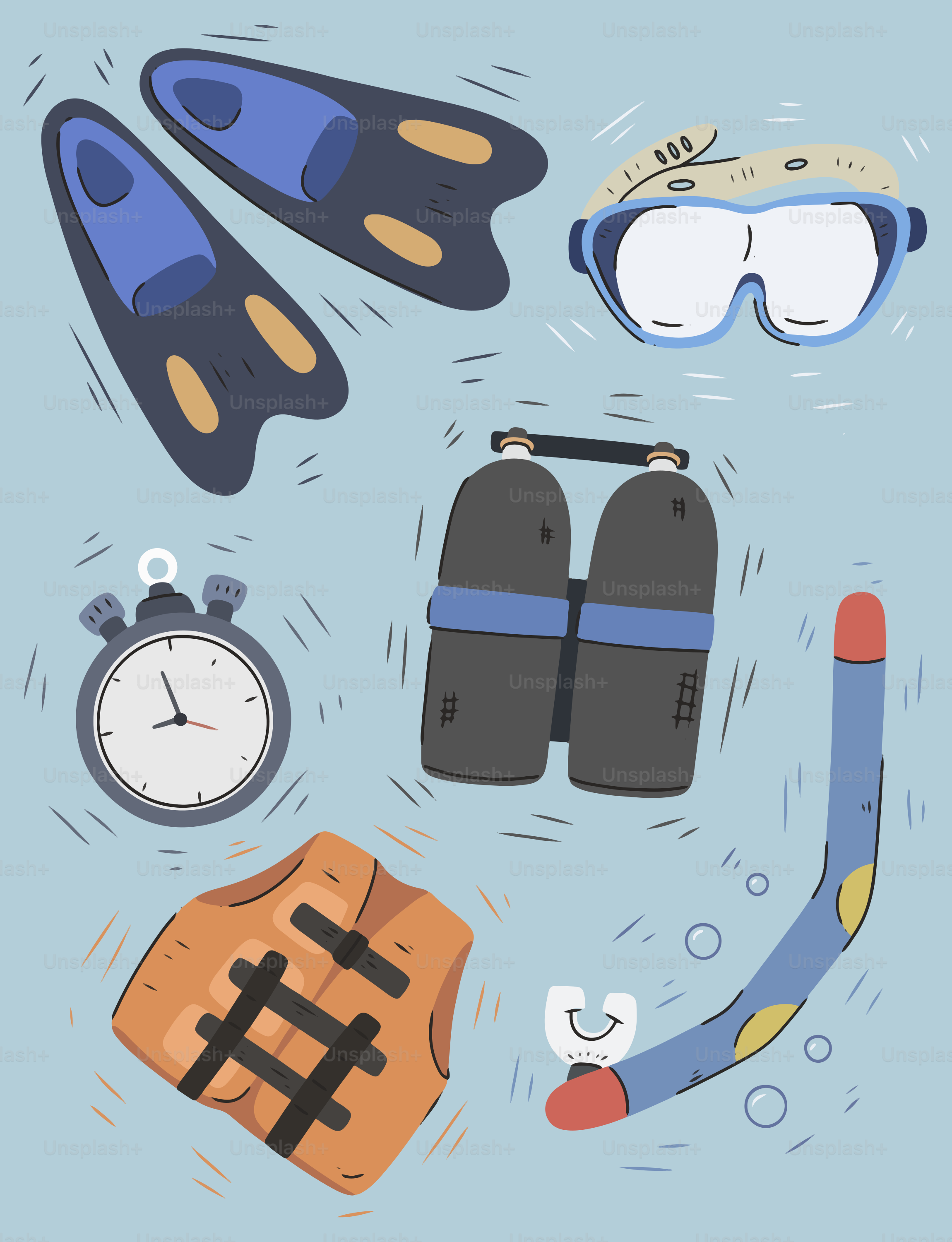 Diving equipment and accessories are arranged on a blue background.