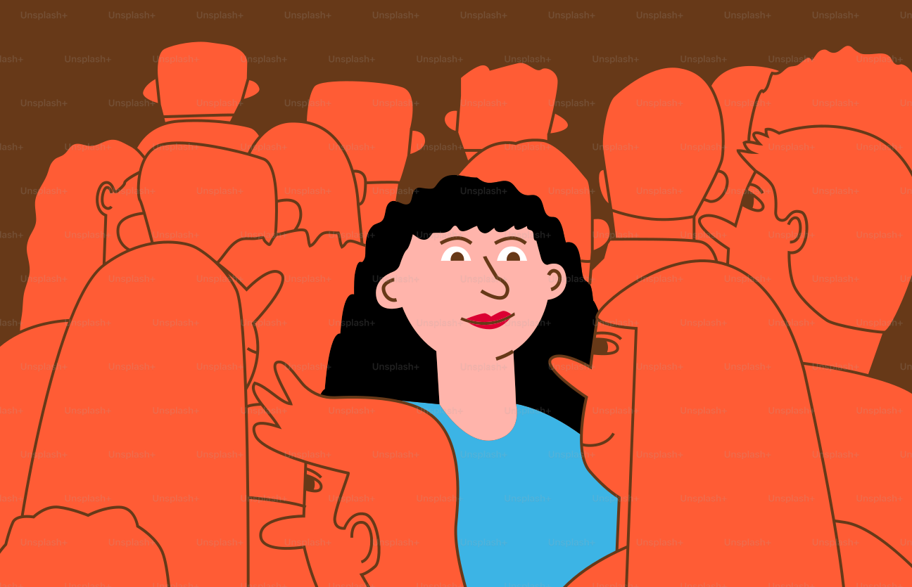 A woman stands out in a crowd of people.