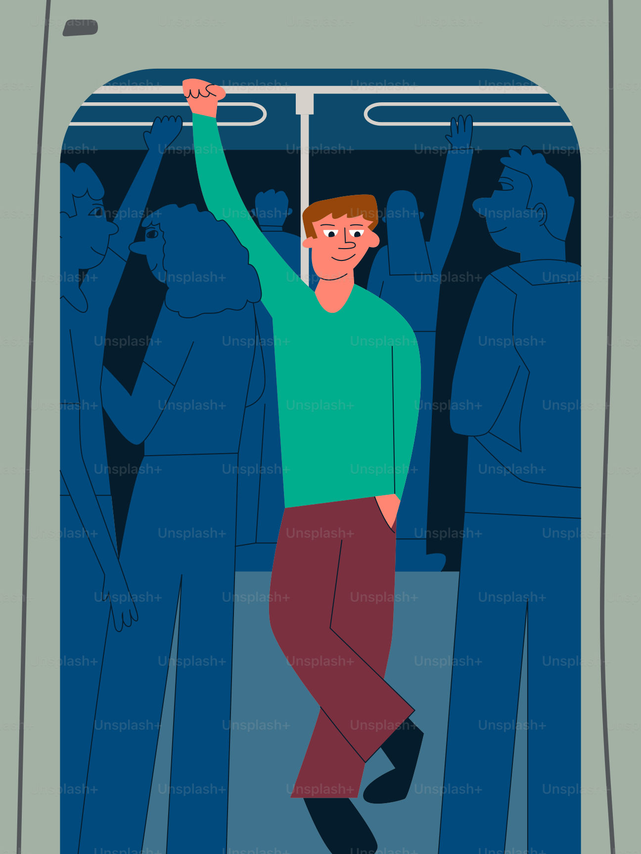A man joyfully rides a crowded train.