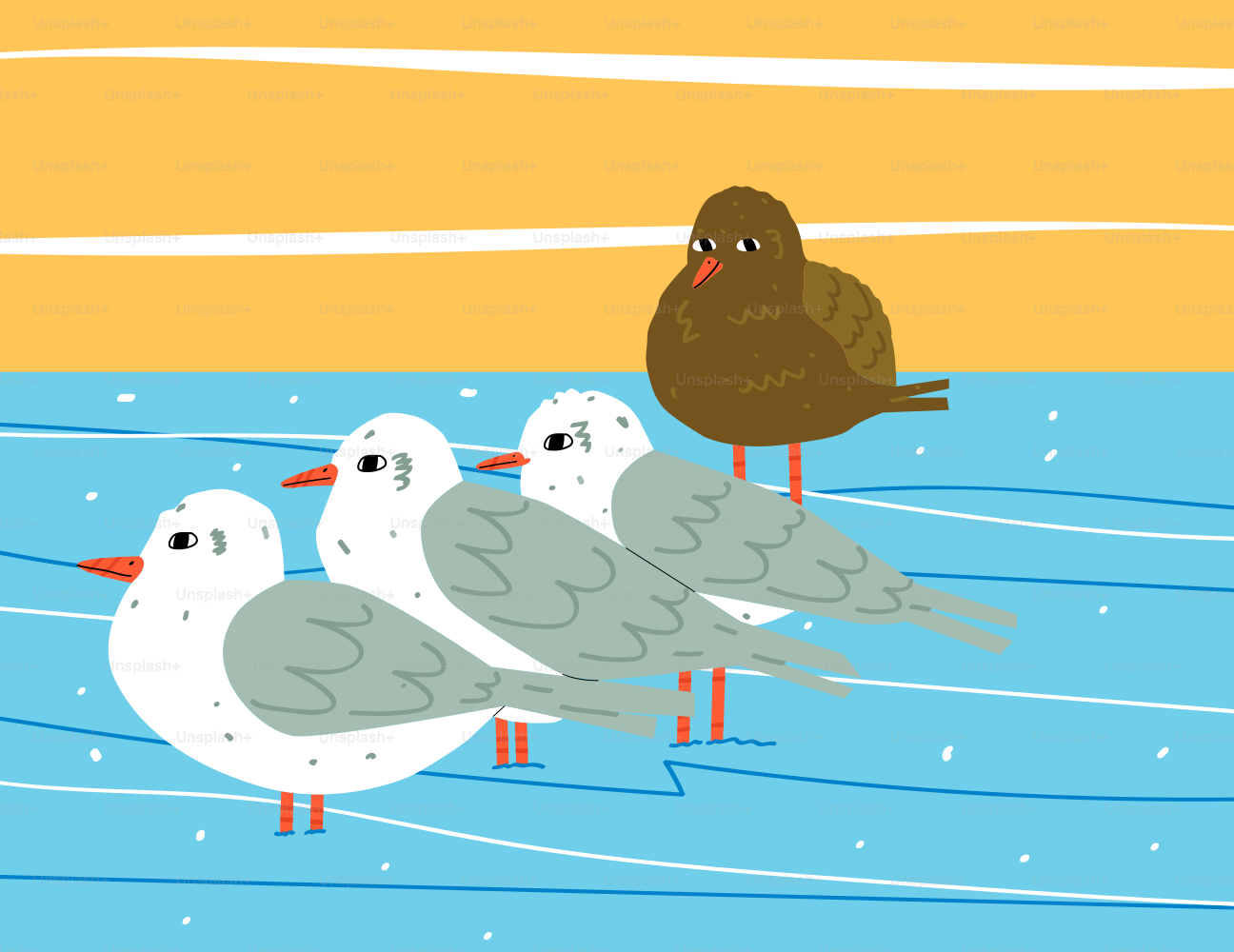 Four seagulls and a single bird.