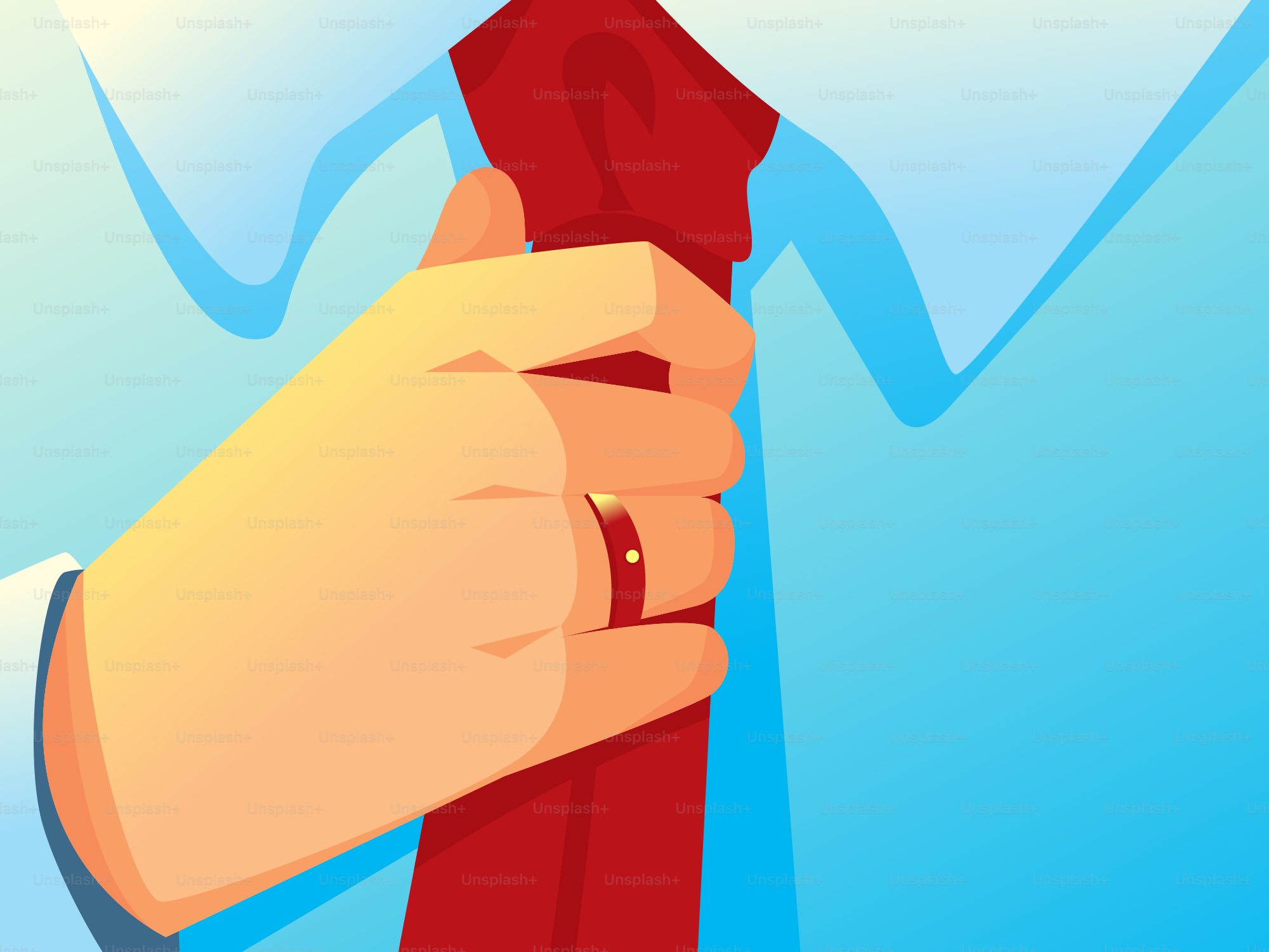 A hand is adjusting a red tie.