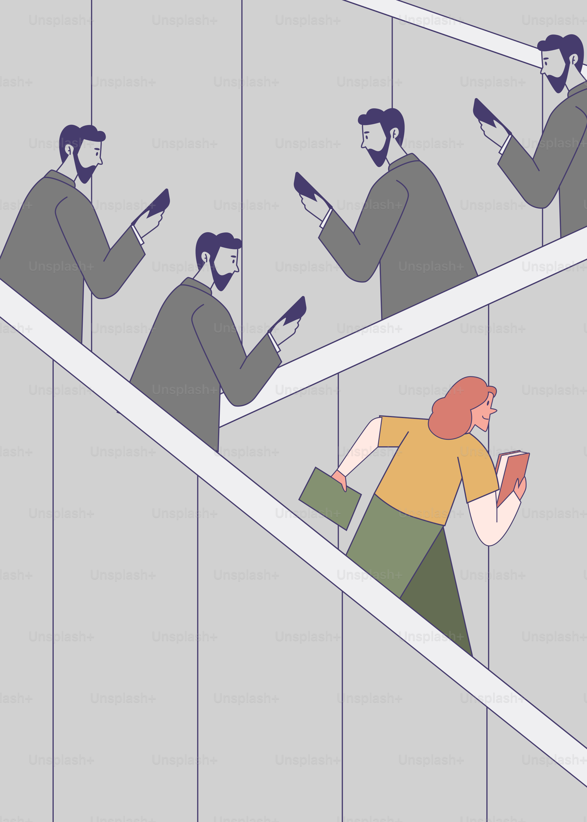 A woman runs away from people on their phones.