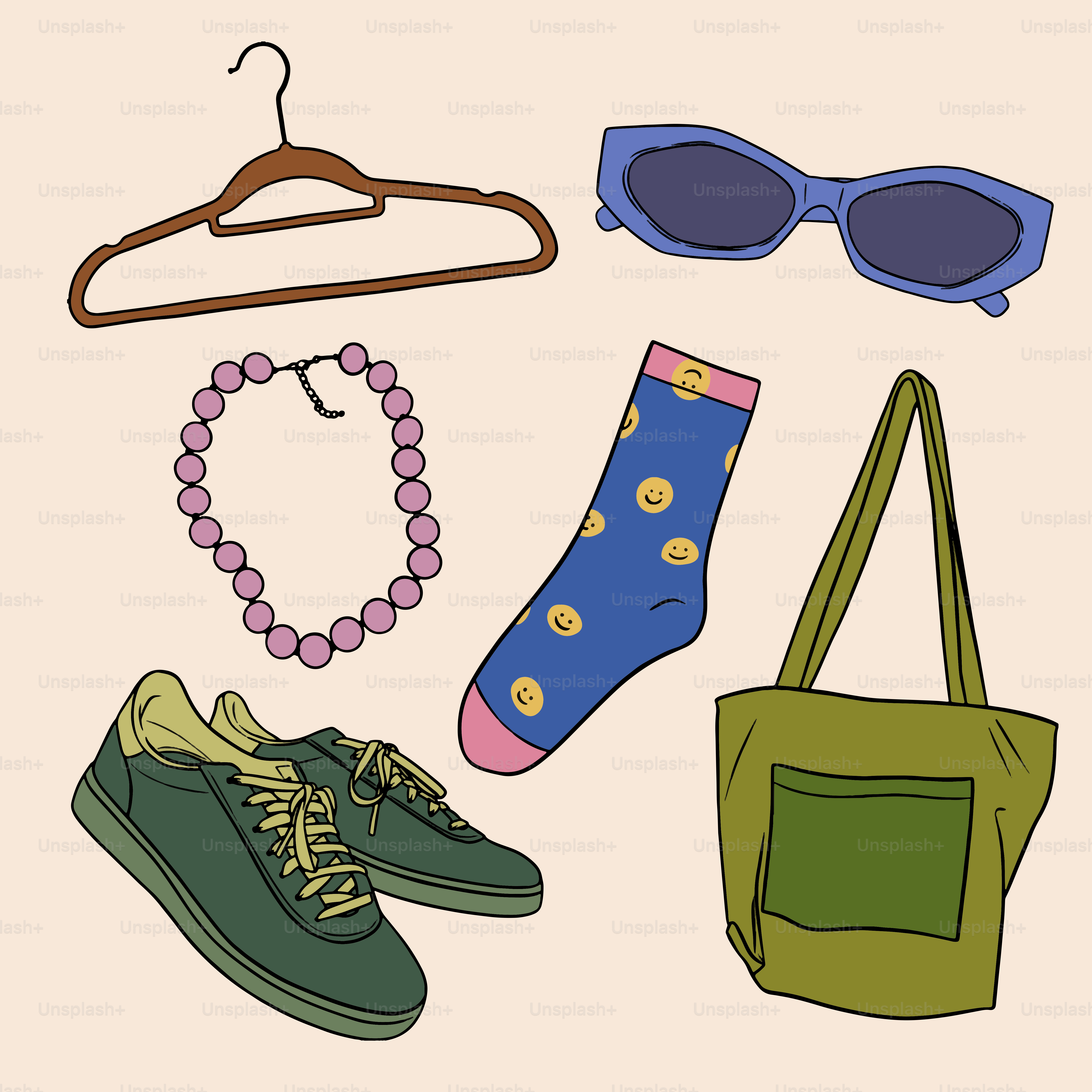 Fashion accessories and apparel are arranged in this image.