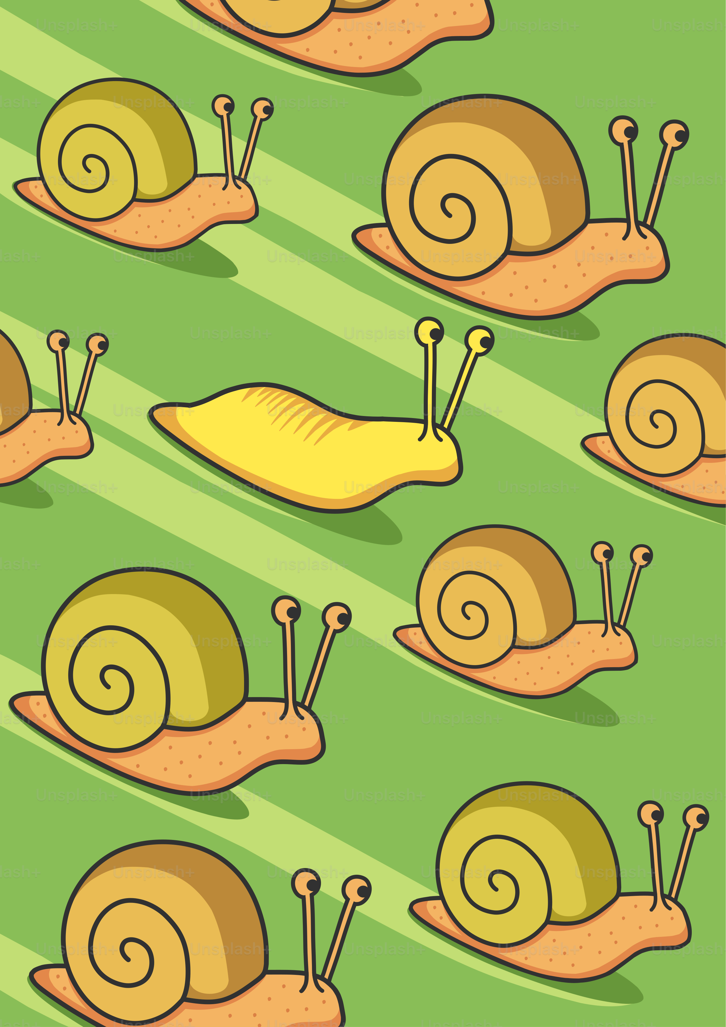 Snails are scattered across a green background.