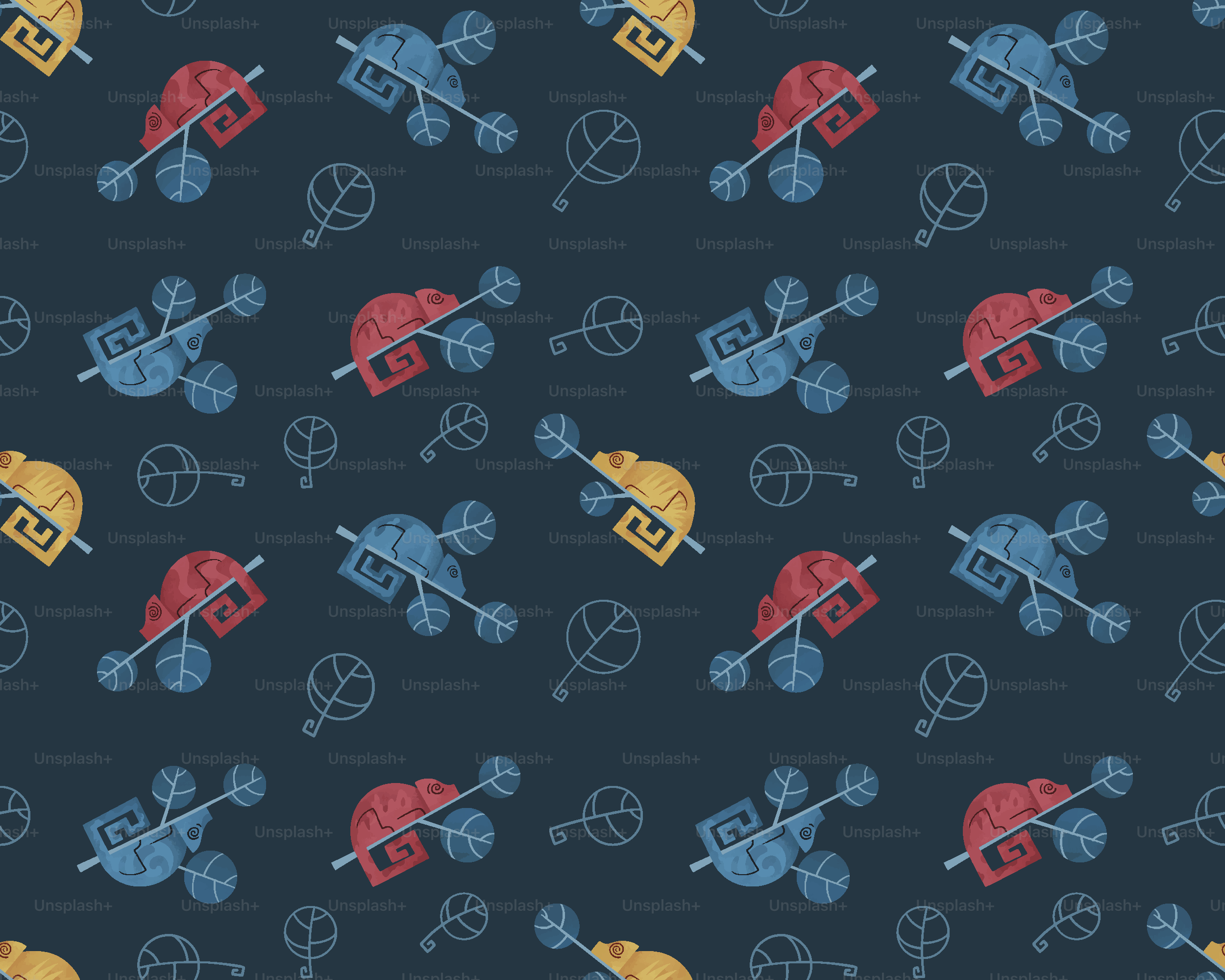 A repeating pattern of colorful shapes on dark background.