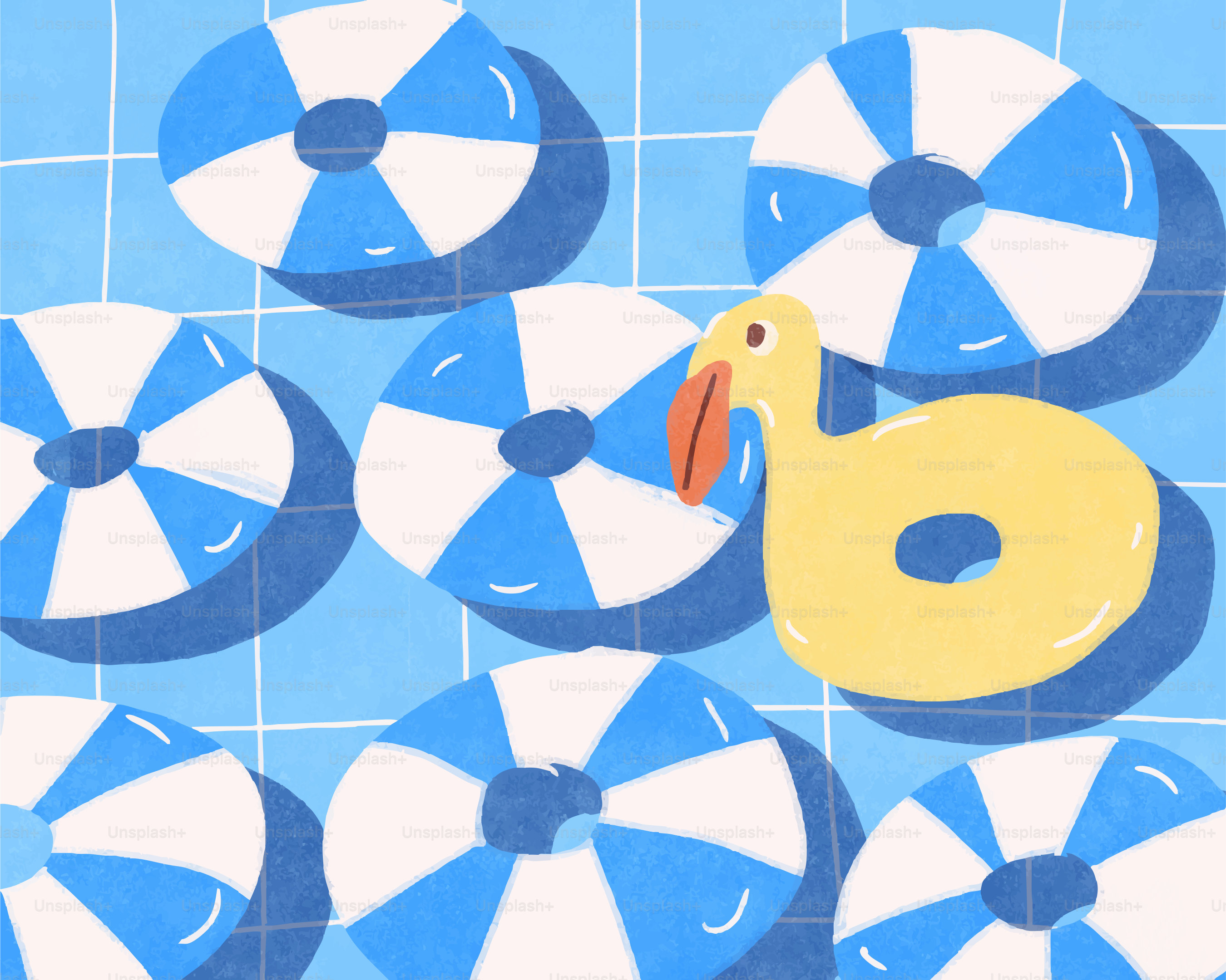 A duck-shaped float among inflatable rings. vector – Swimming pool ...