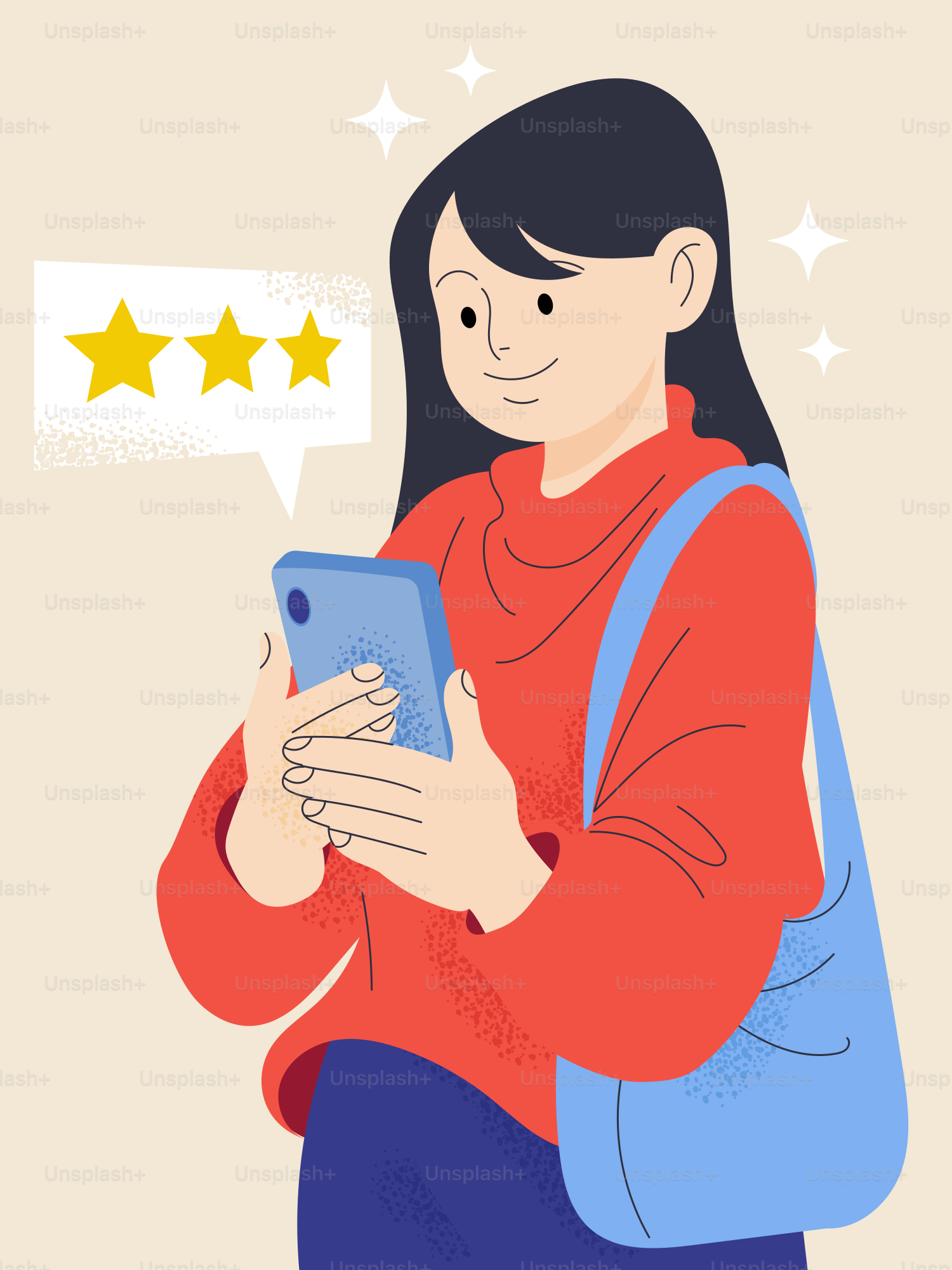 Woman is checking reviews on her phone.