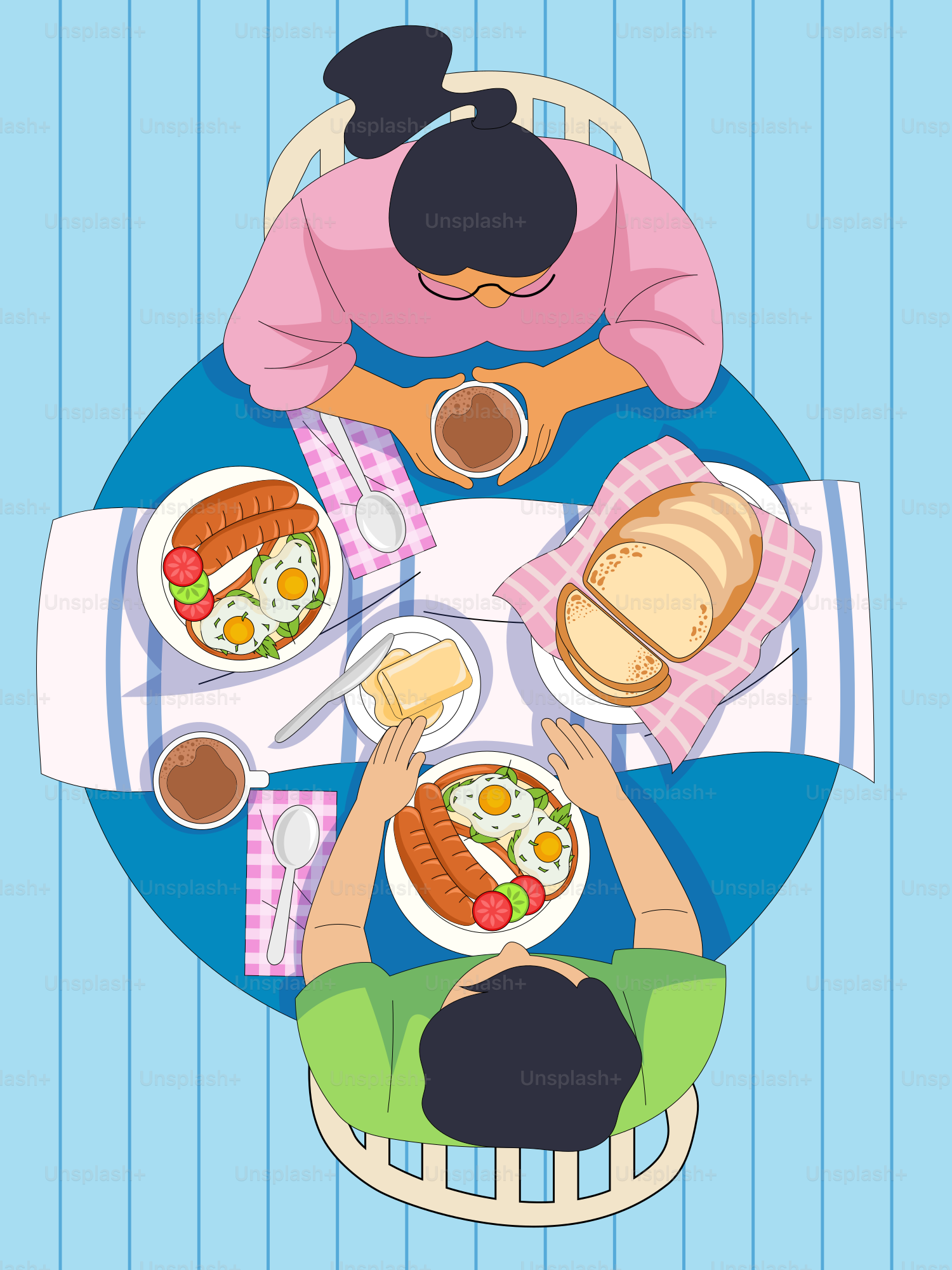 People are having breakfast together at a table.