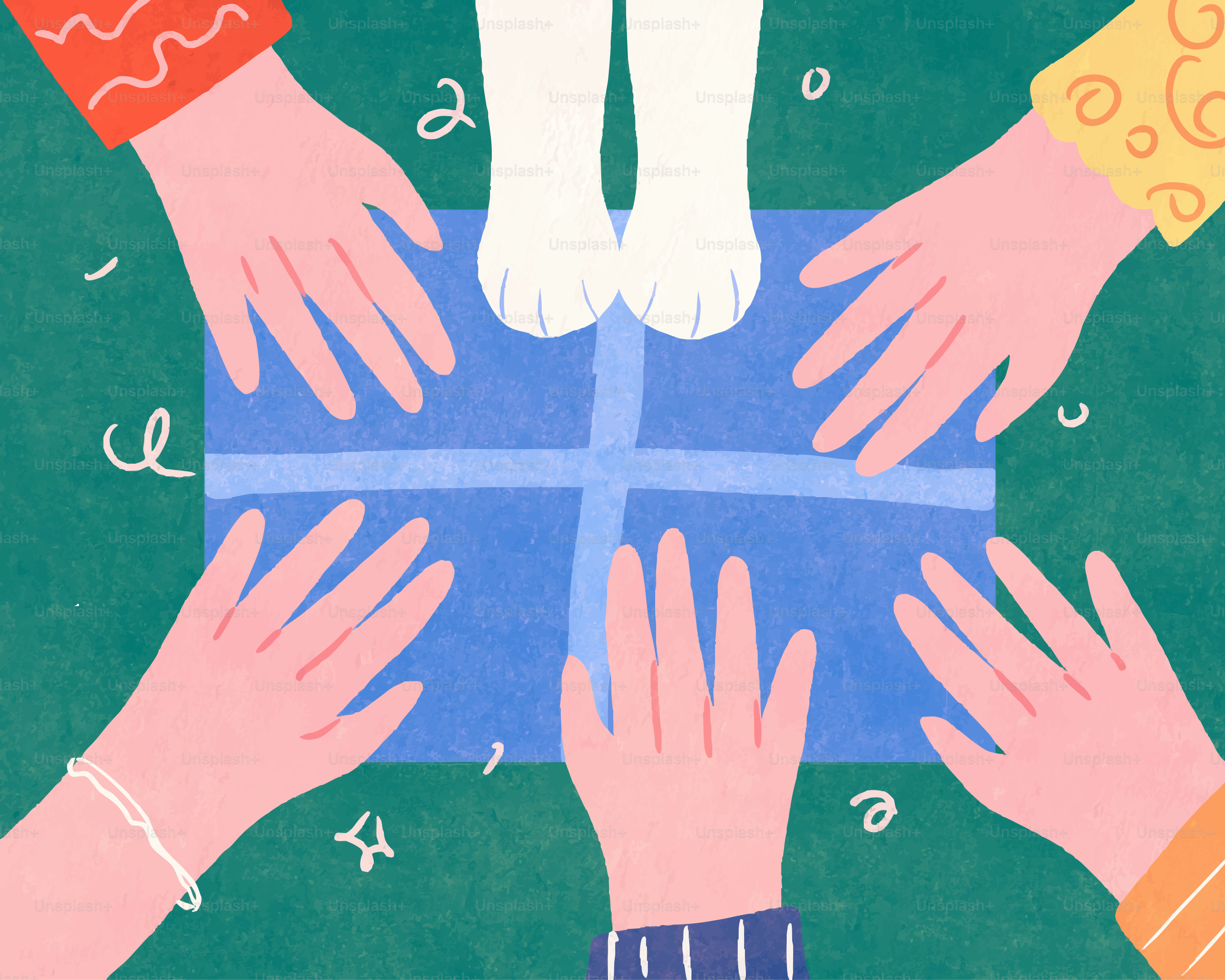 Mãos cercam uma caixa de presente com patas de gato.