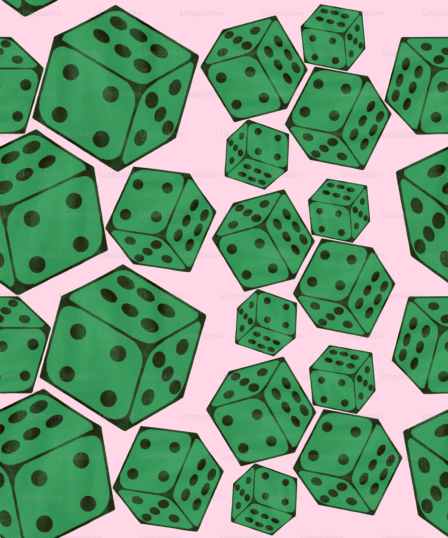 Grüne Würfel sind auf einem rosa Hintergrund verstreut.