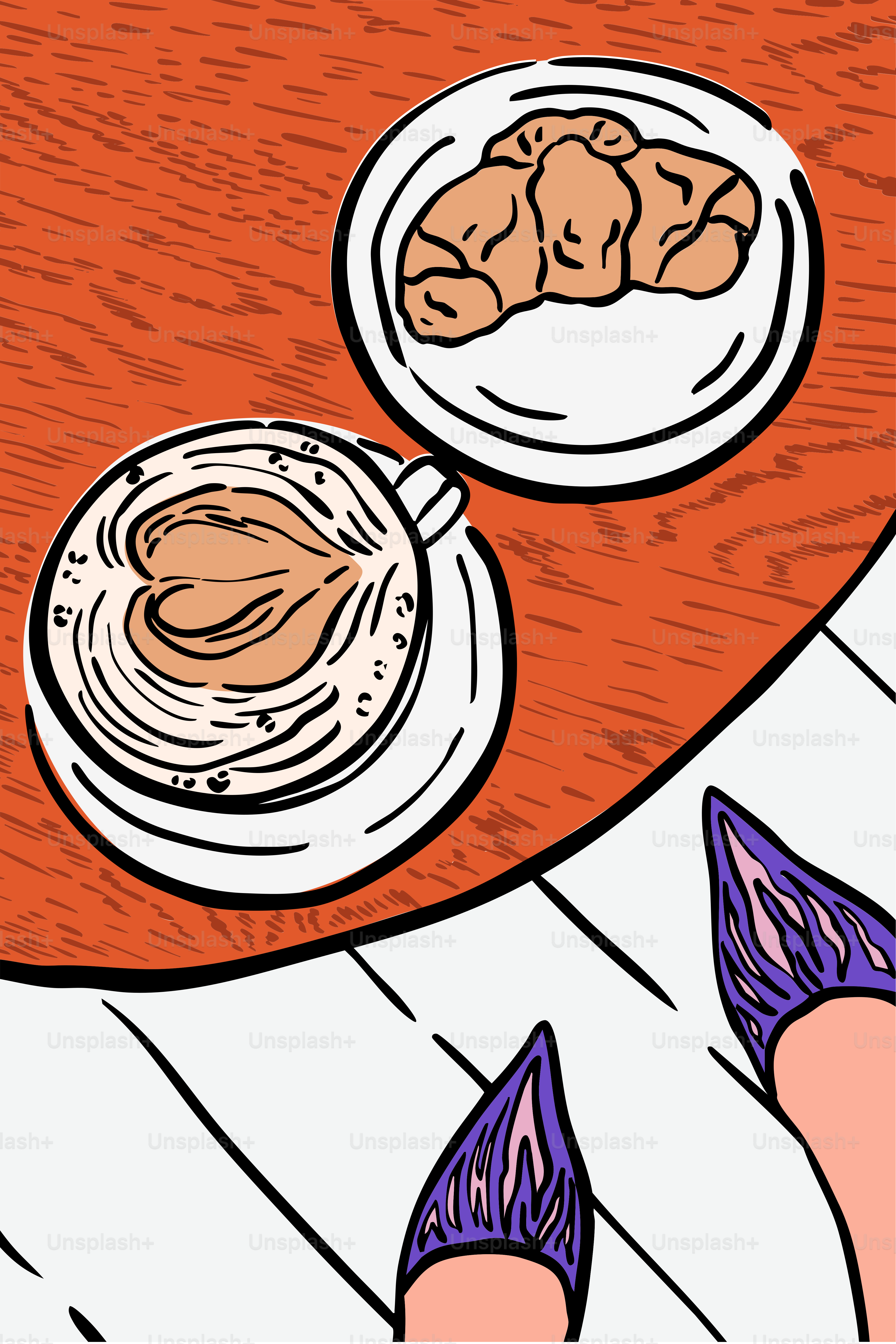 Coffee, croissant, and stylish shoes.