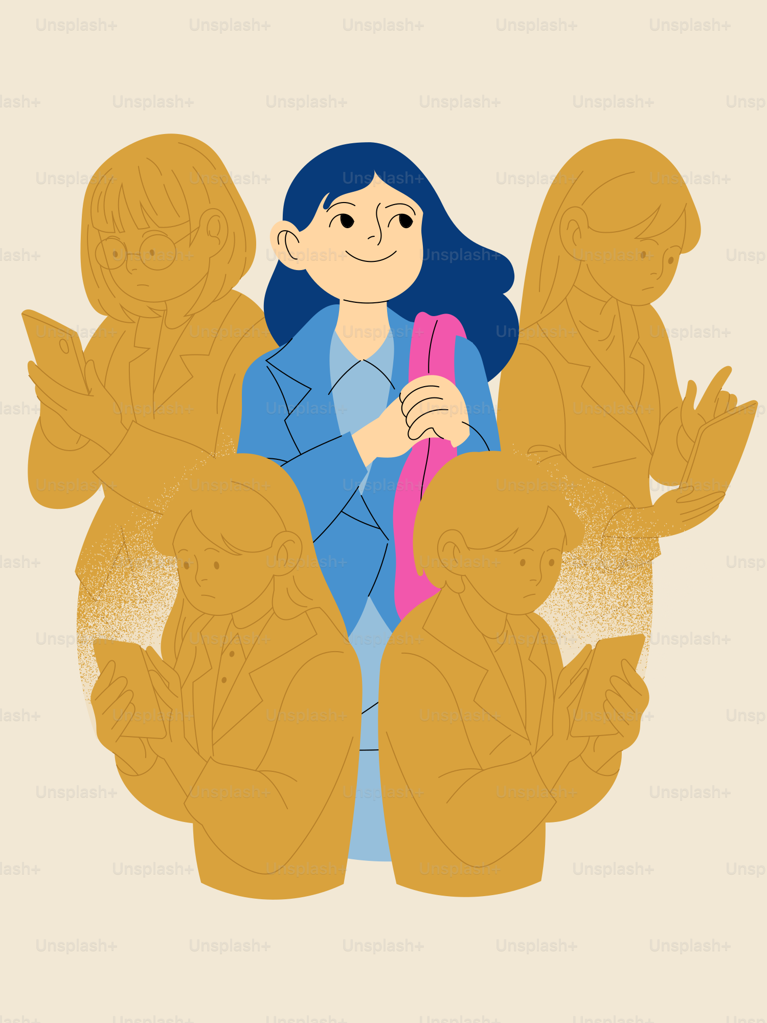 A woman stands out among others engrossed in phones.