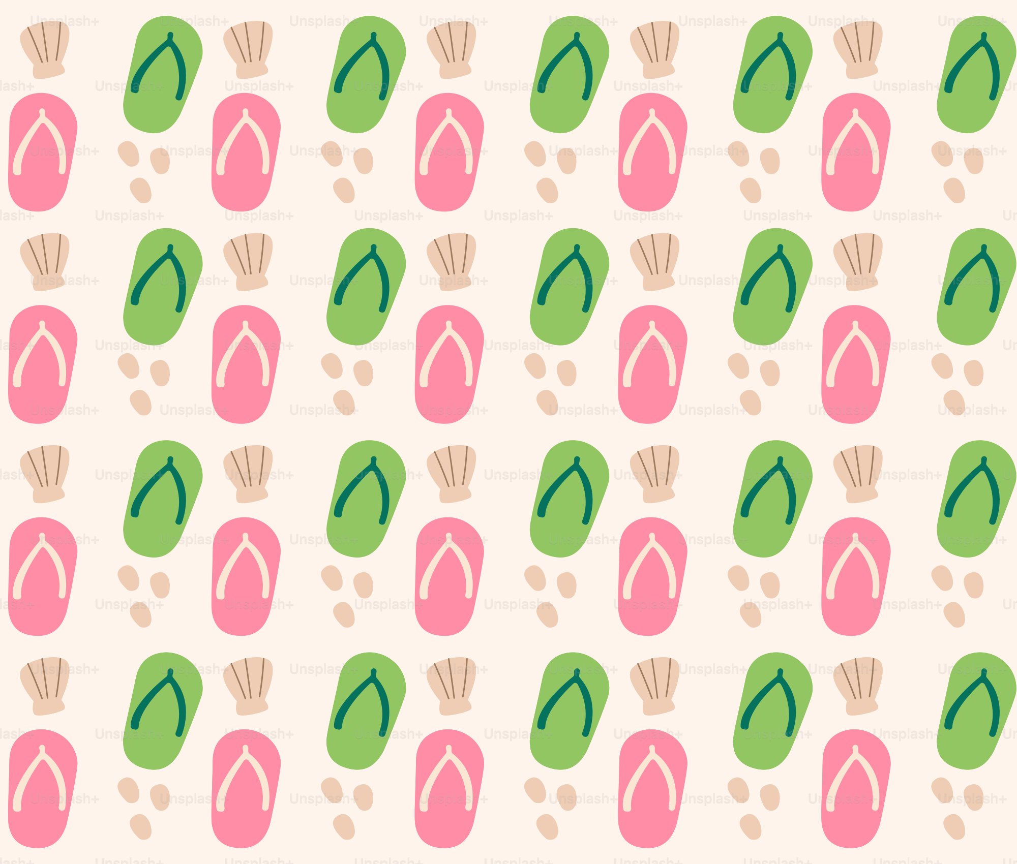 Beach-themed pattern with flip-flops and seashells.