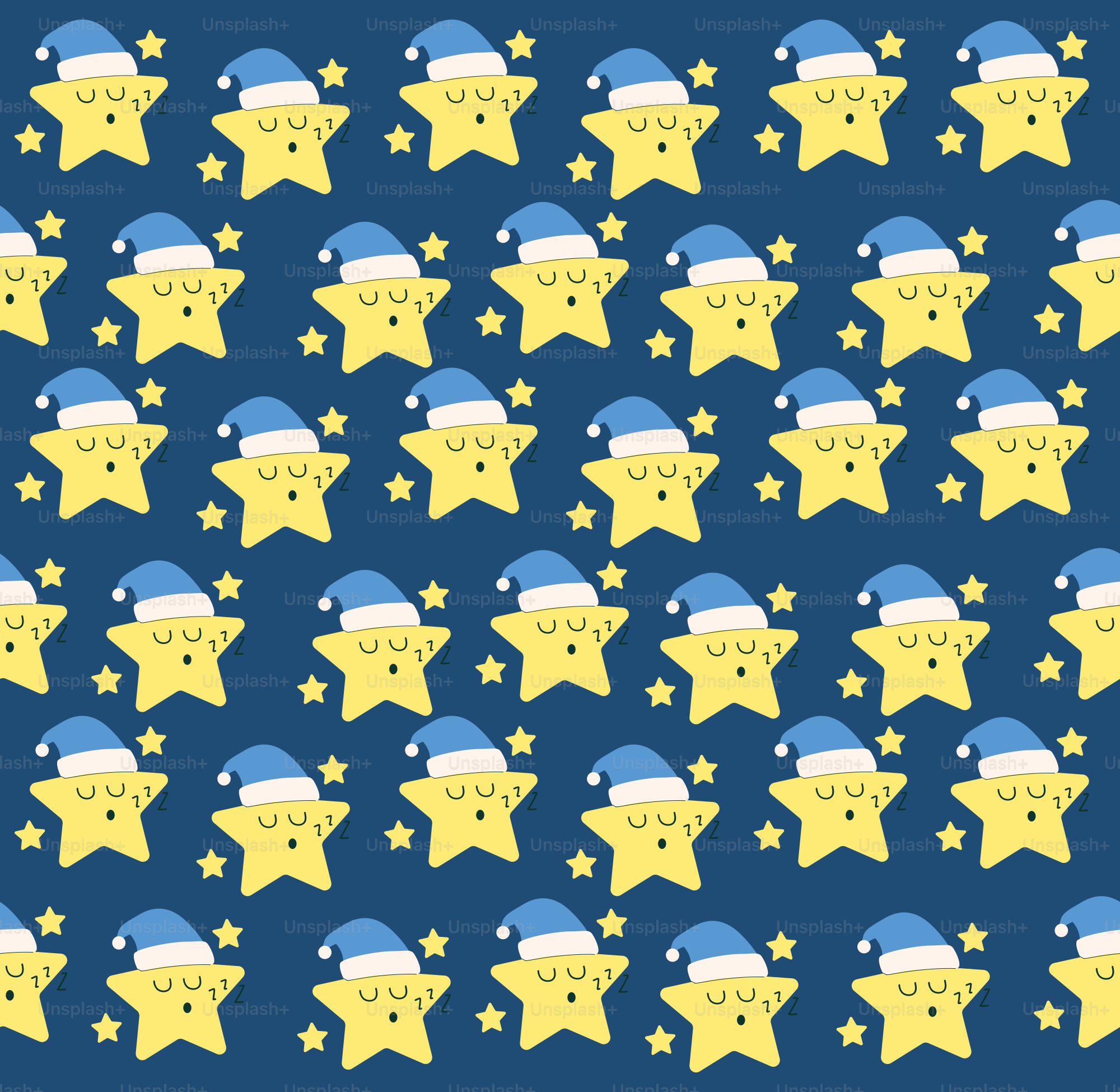 Sleeping stars in blue nightcaps create a cute pattern.