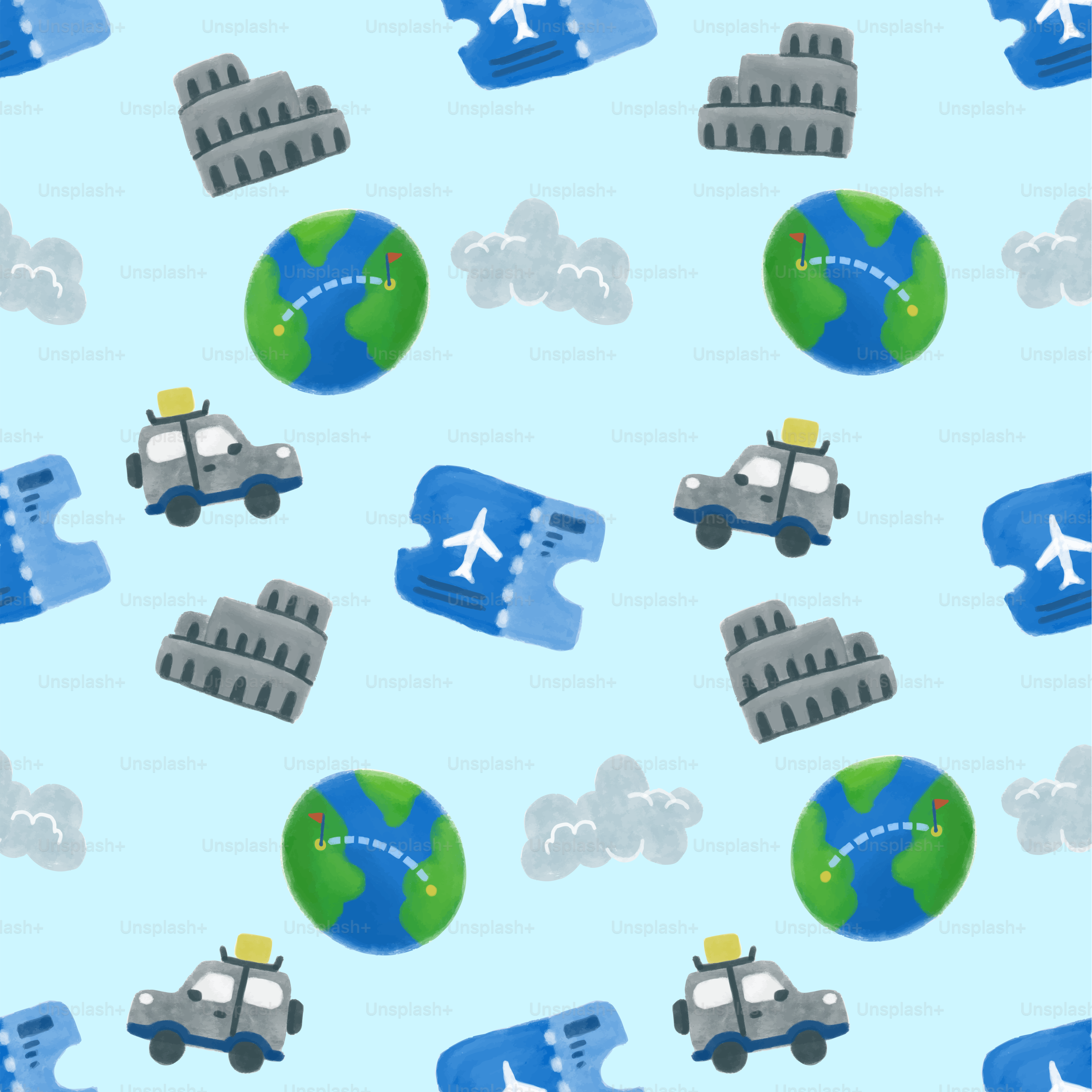 Travel-themed pattern with tickets, landmarks, and globes.