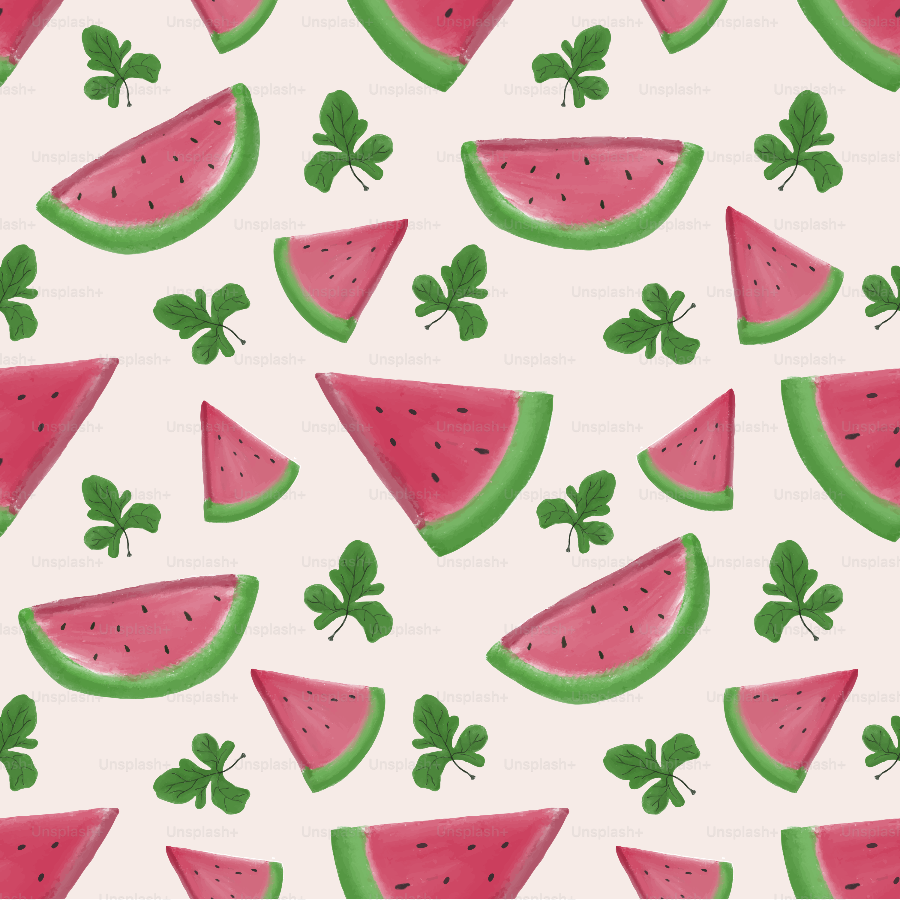 Watermelon slices and leaves create a repeating pattern.