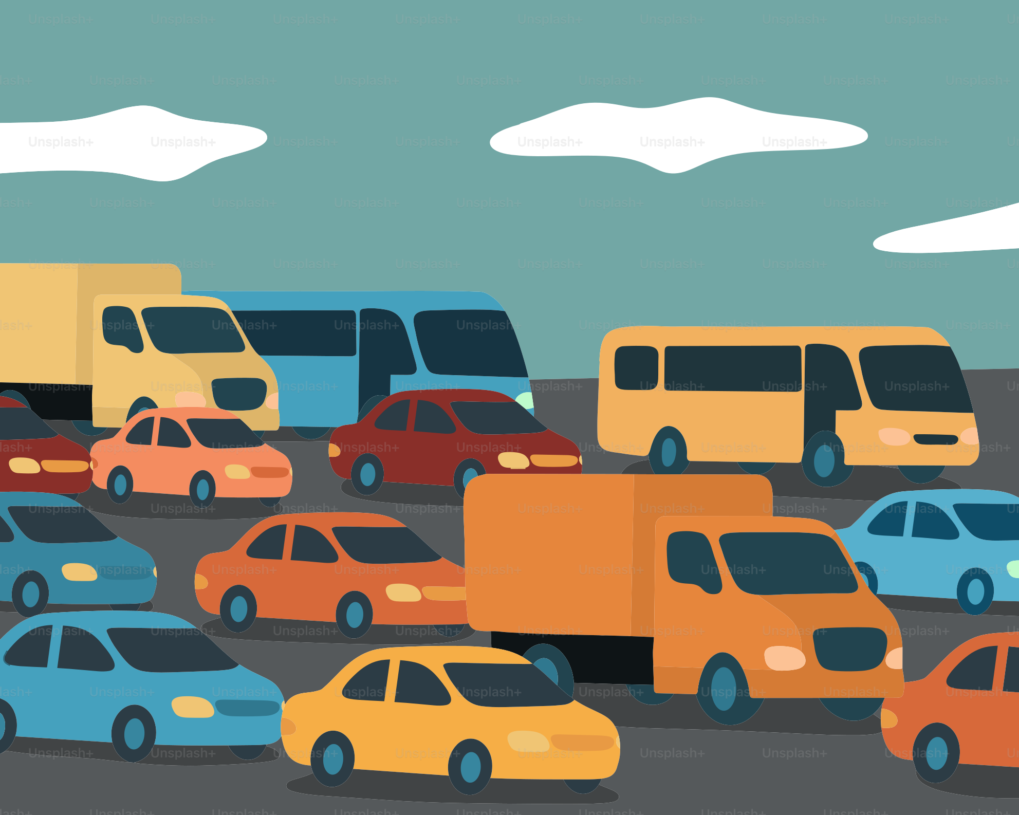 Cars and trucks are stuck in a traffic jam.