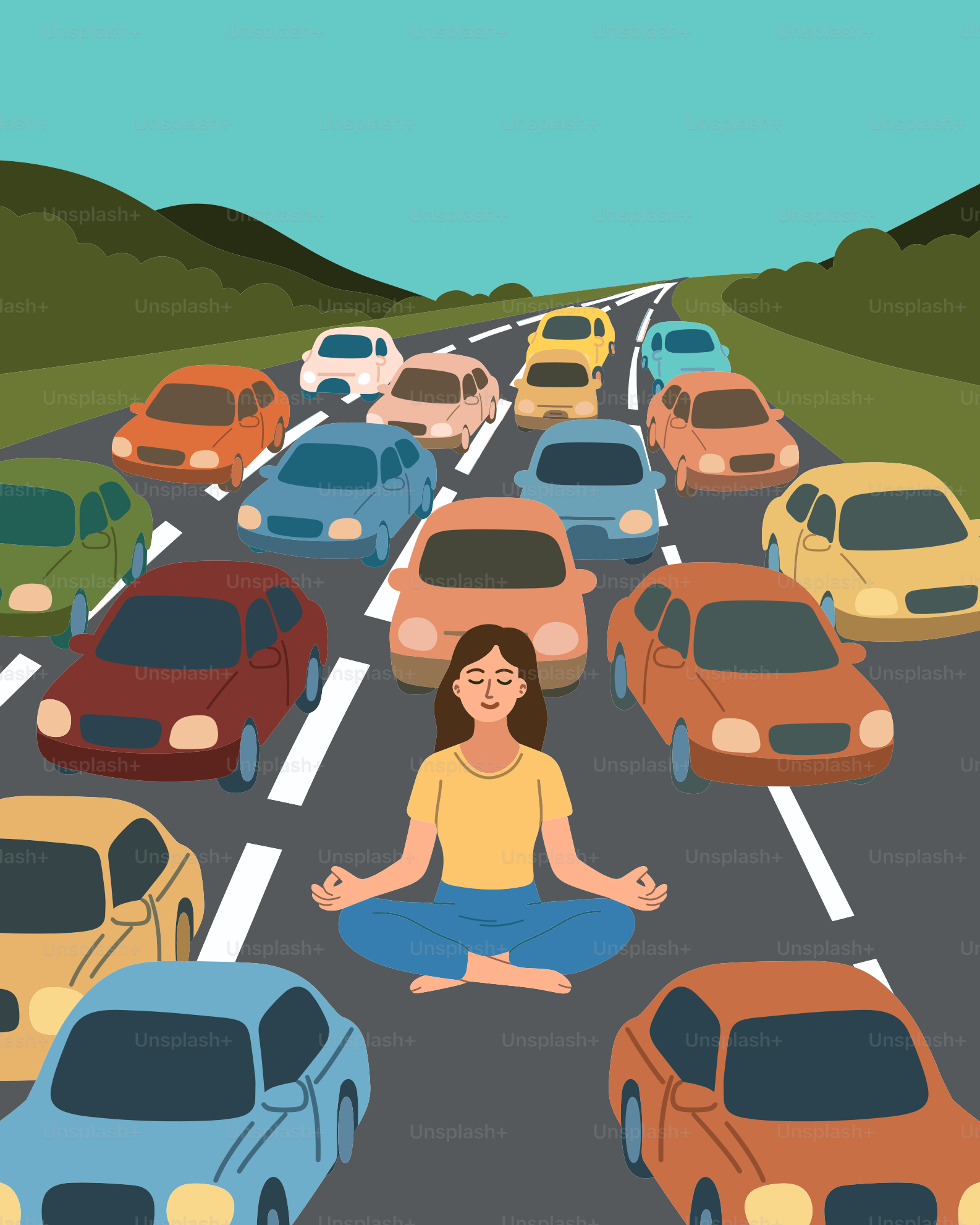 Woman meditates amid traffic.