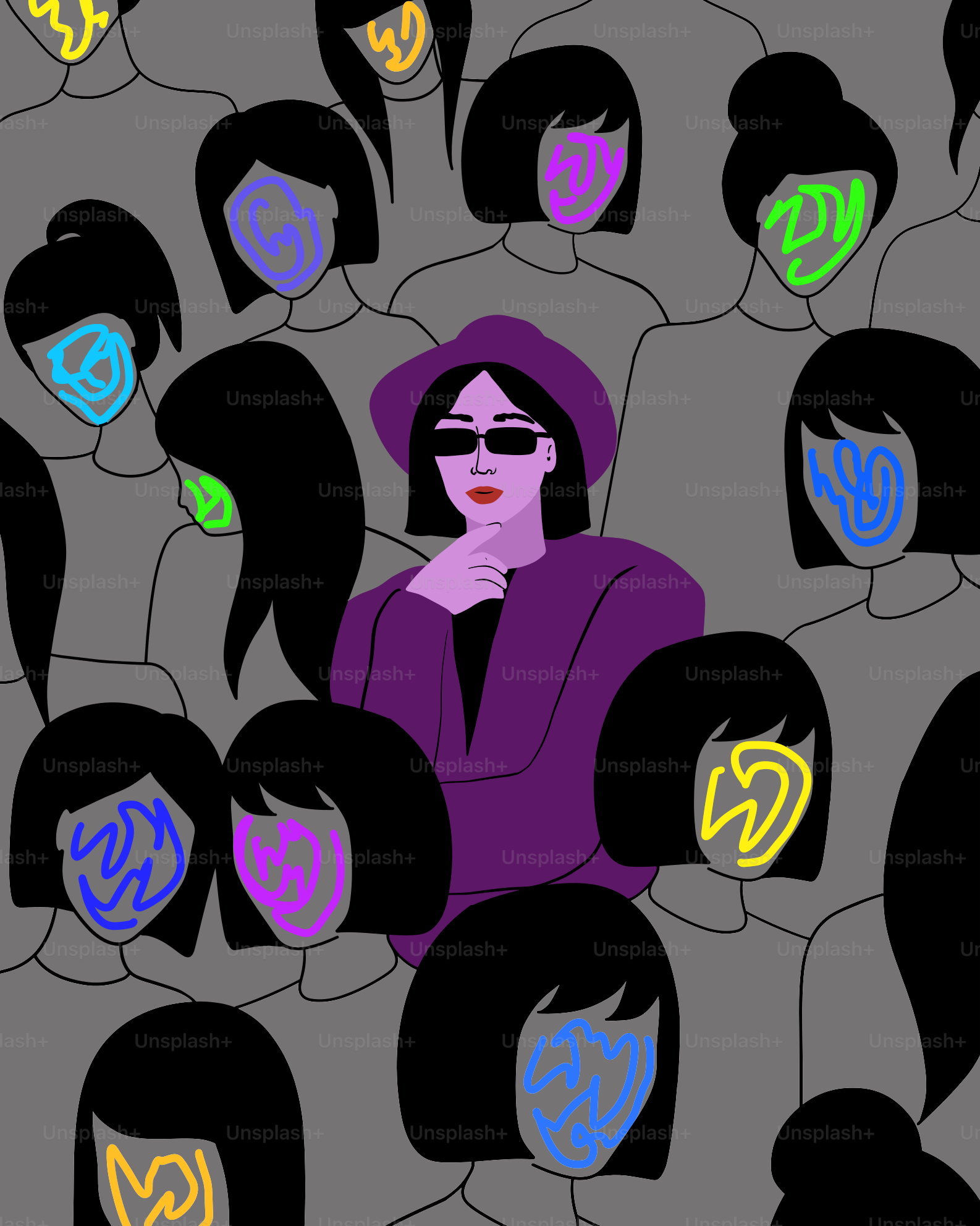 A woman stands out in a crowd of faces.