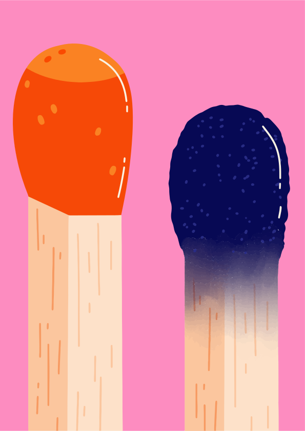 Un fósforo nuevo al lado de uno que está quemado.