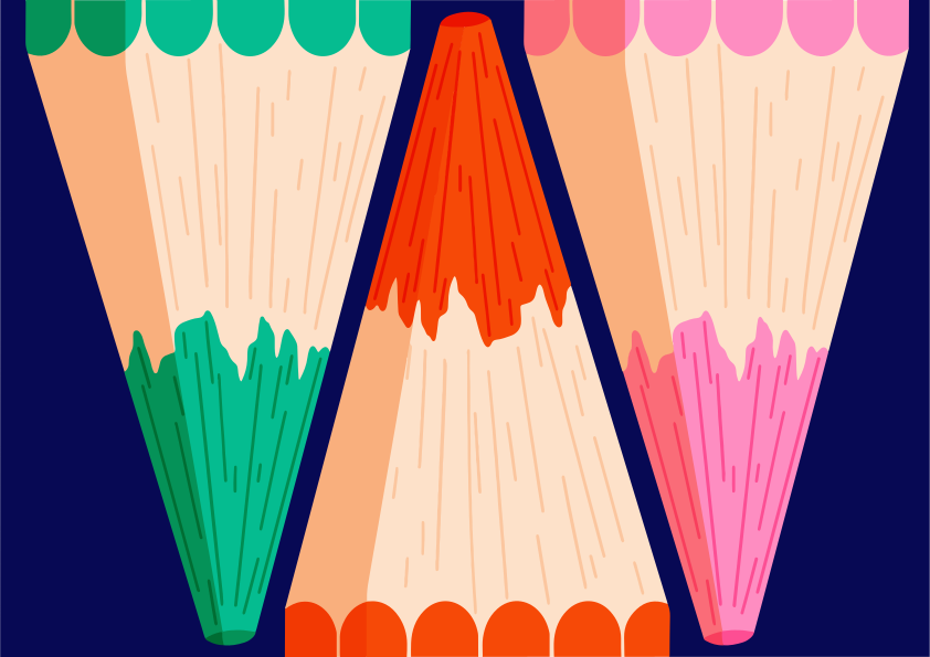 Three colorful pencils stand tall against blue.