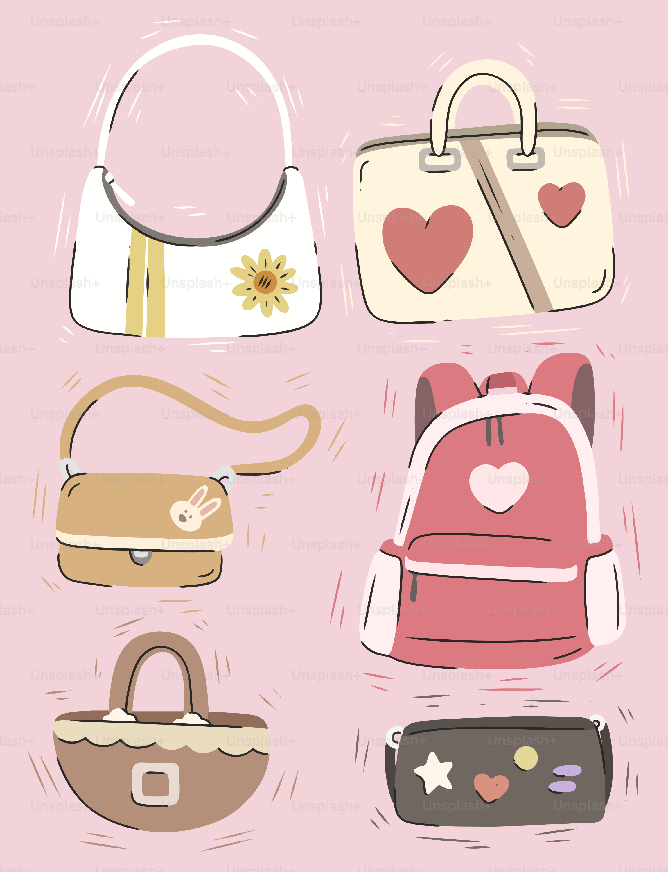 Here are some options: * a collection of cute and colorful bags. * illustration of several different types of bags.