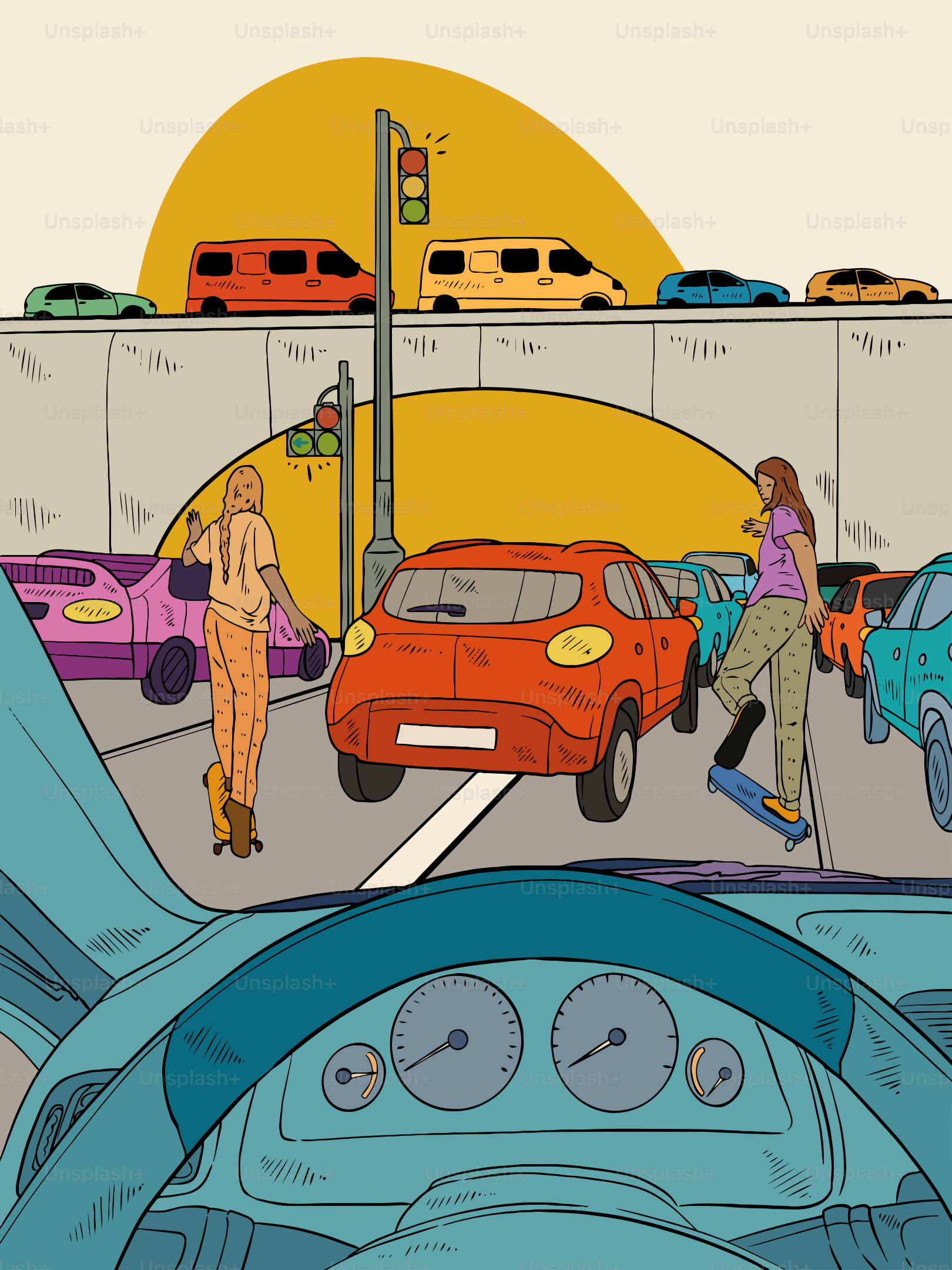 Traffic jam with pedestrians and cars.