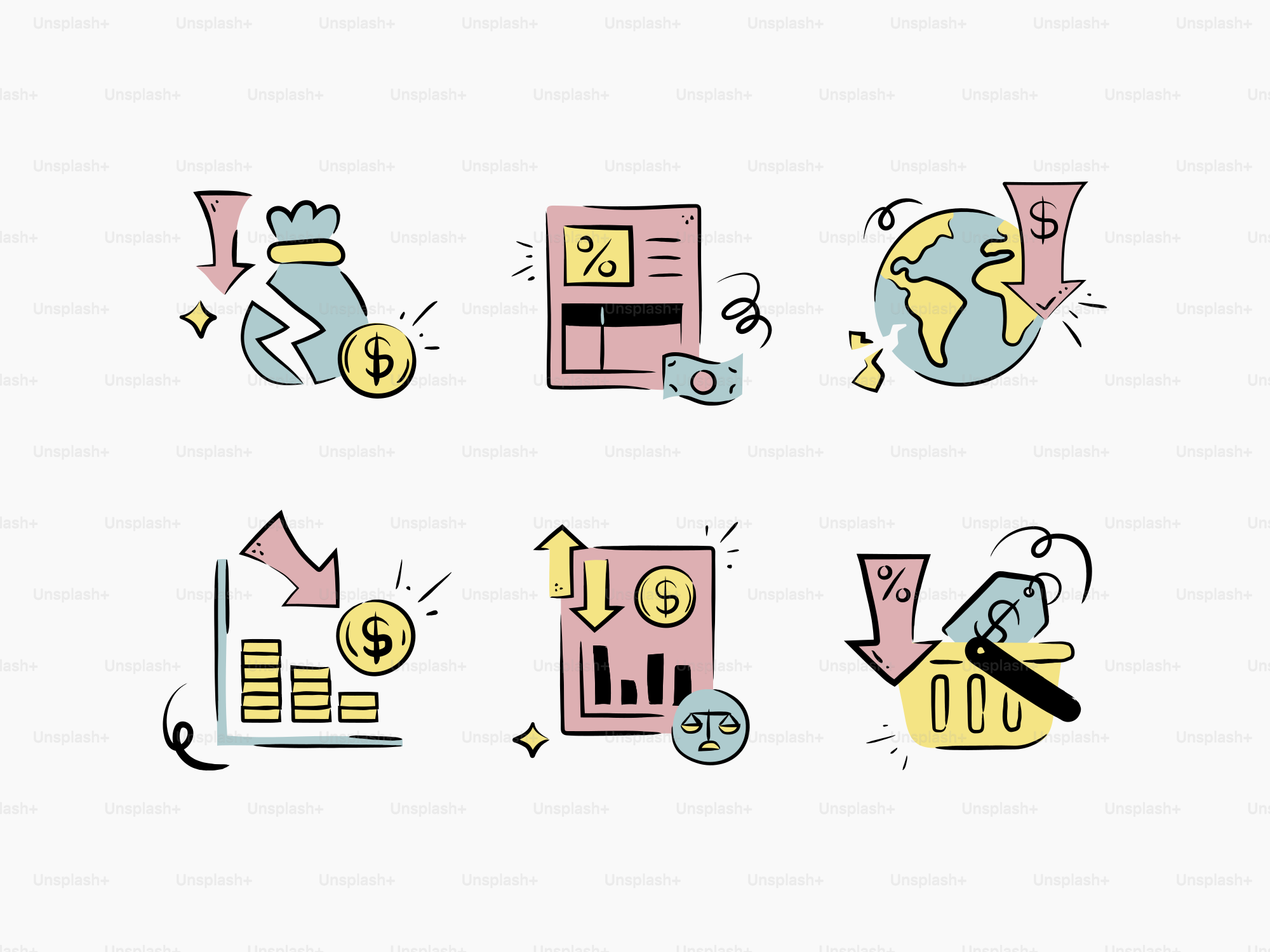 Economic decline is illustrated with falling symbols. vector – Finance ...