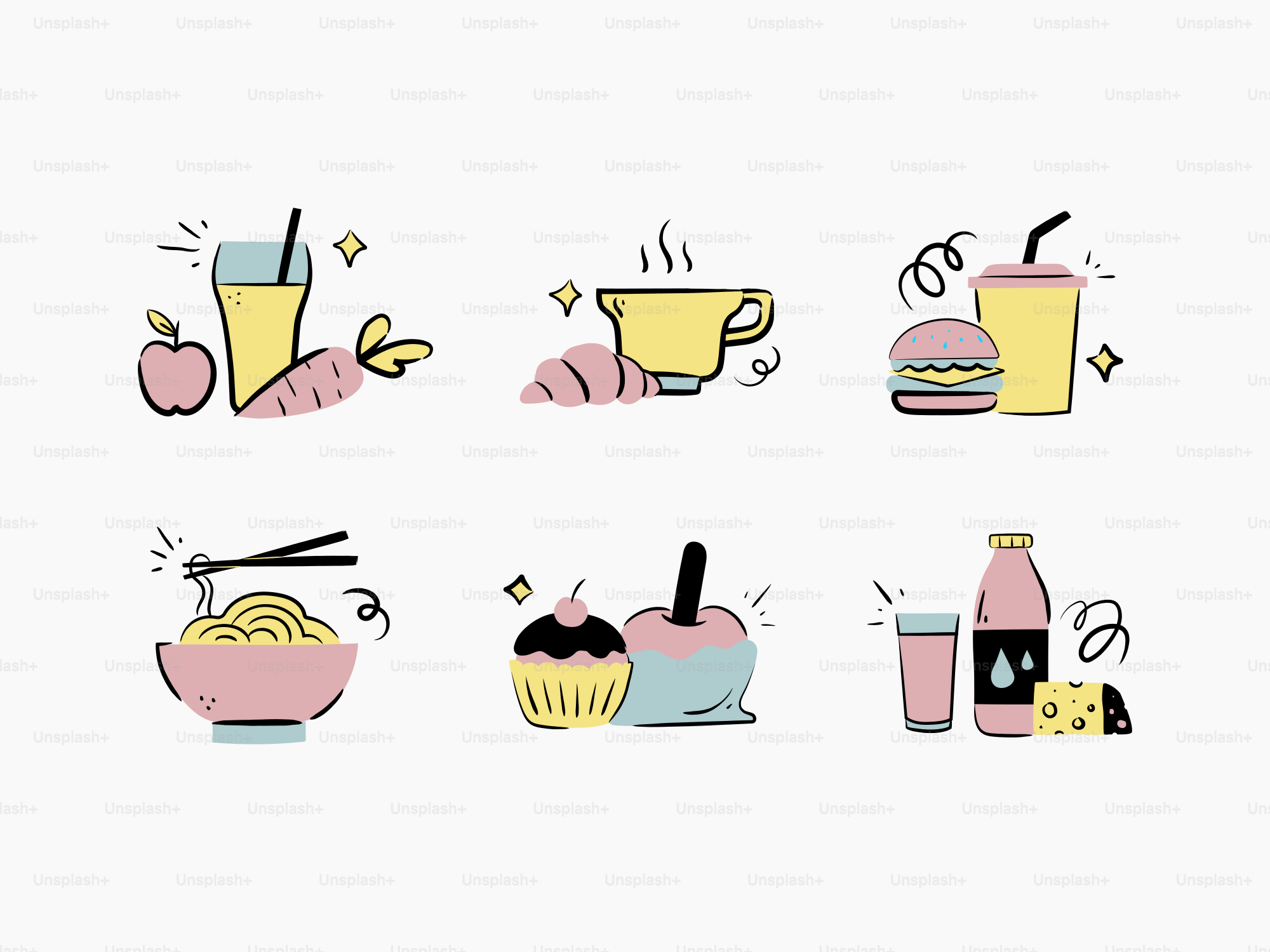 Different foods and beverages are shown.