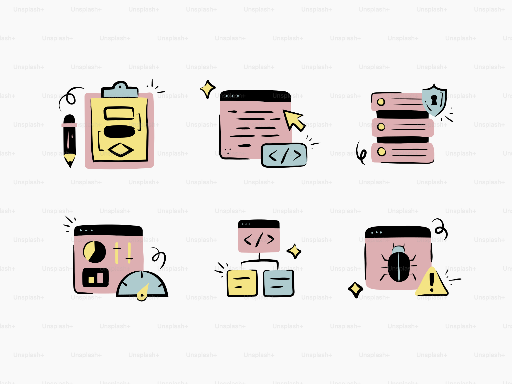 Se muestran iconos y herramientas de desarrollo de software.