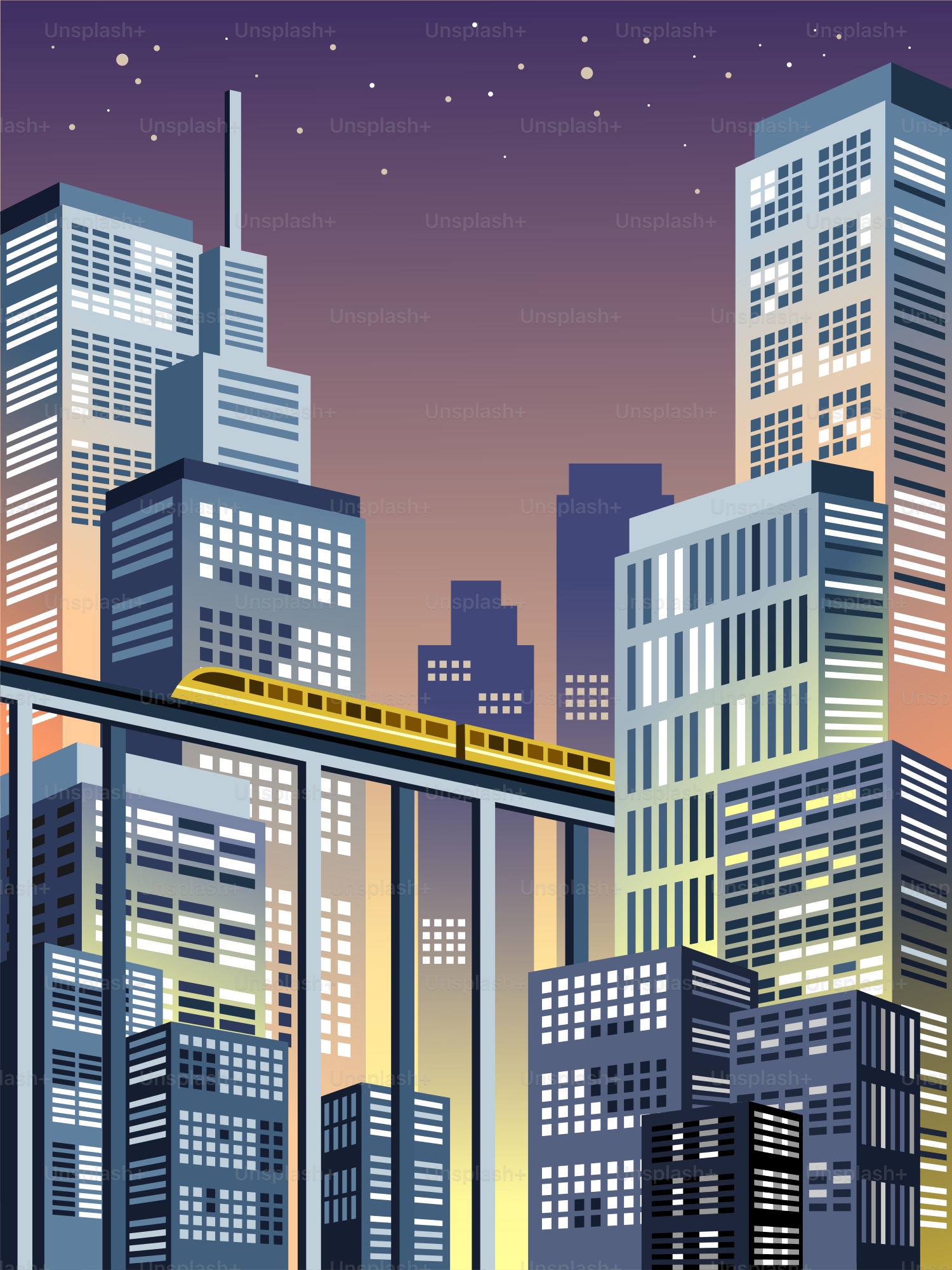 La nuit, un train traverse une ville futuriste.