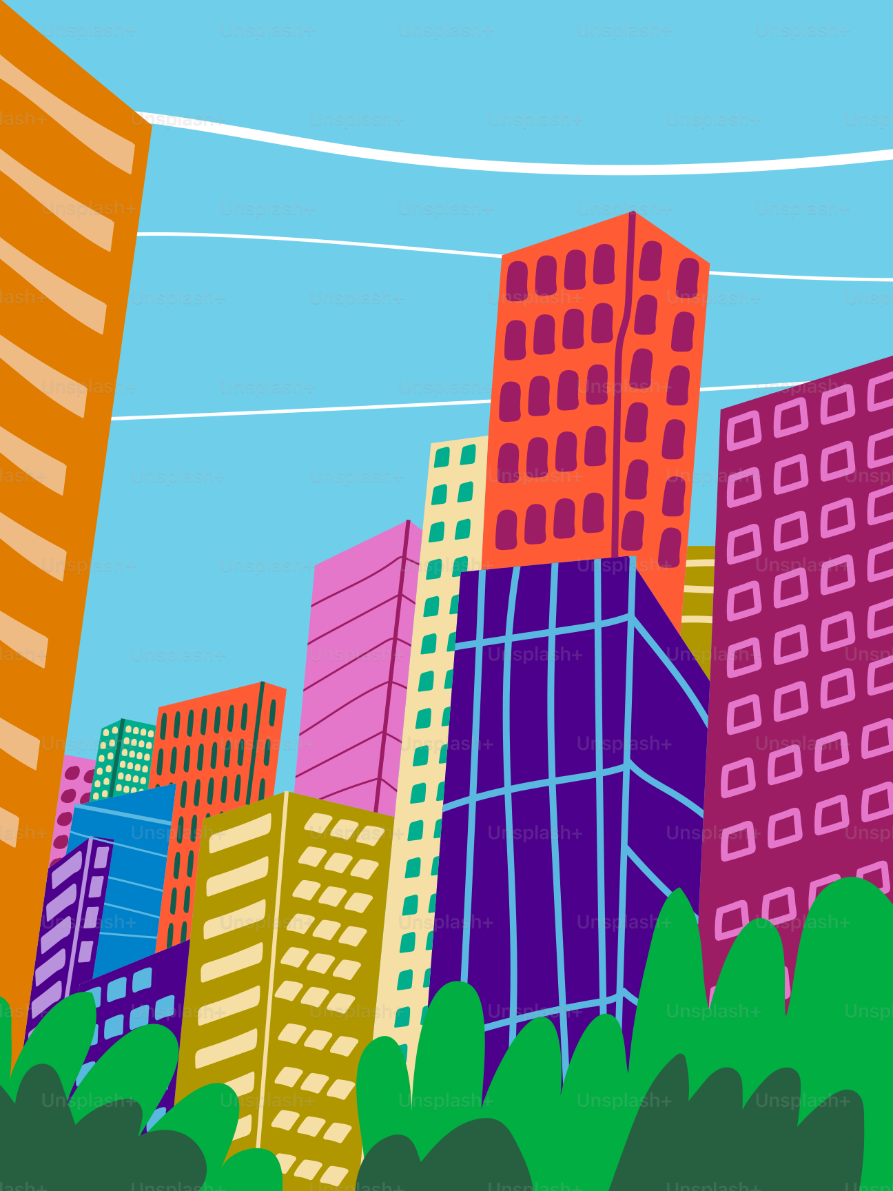 A colorful city skyscraper view rises upward.