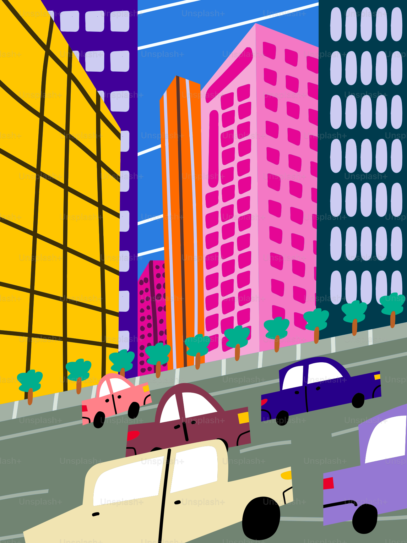Colorful city street with cars driving.