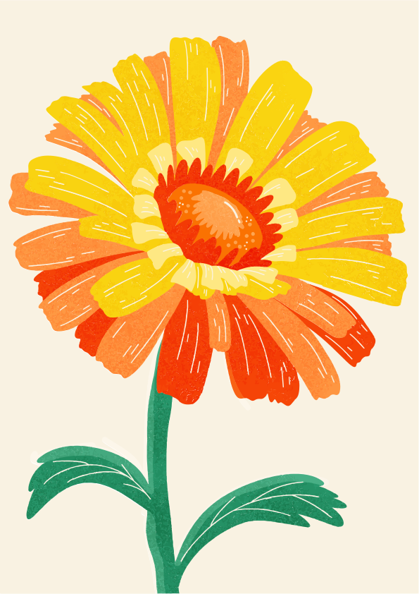 Hier ist eine einsatzige Bildunterschrift: eine bunte Sonnenblumenblüte mit grünen Blättern.