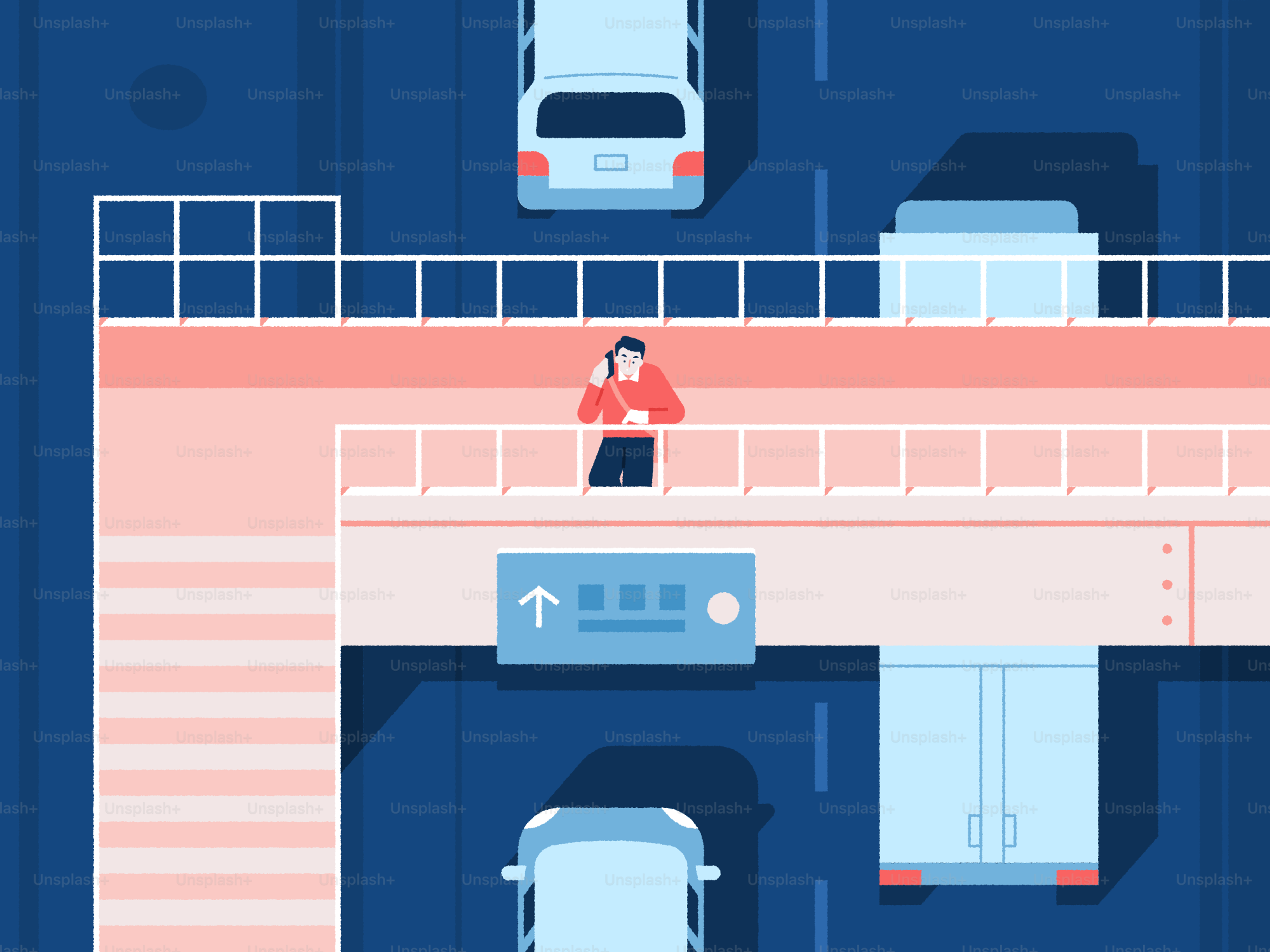 A person stands on a bridge over traffic.