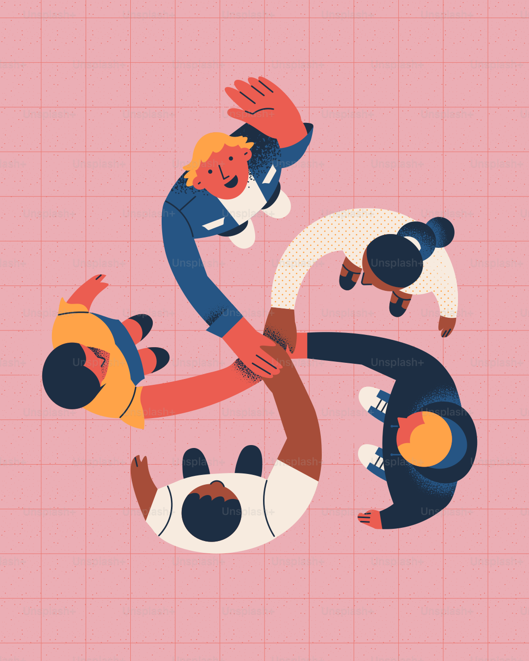 People stand in a circle, reaching out their hands.