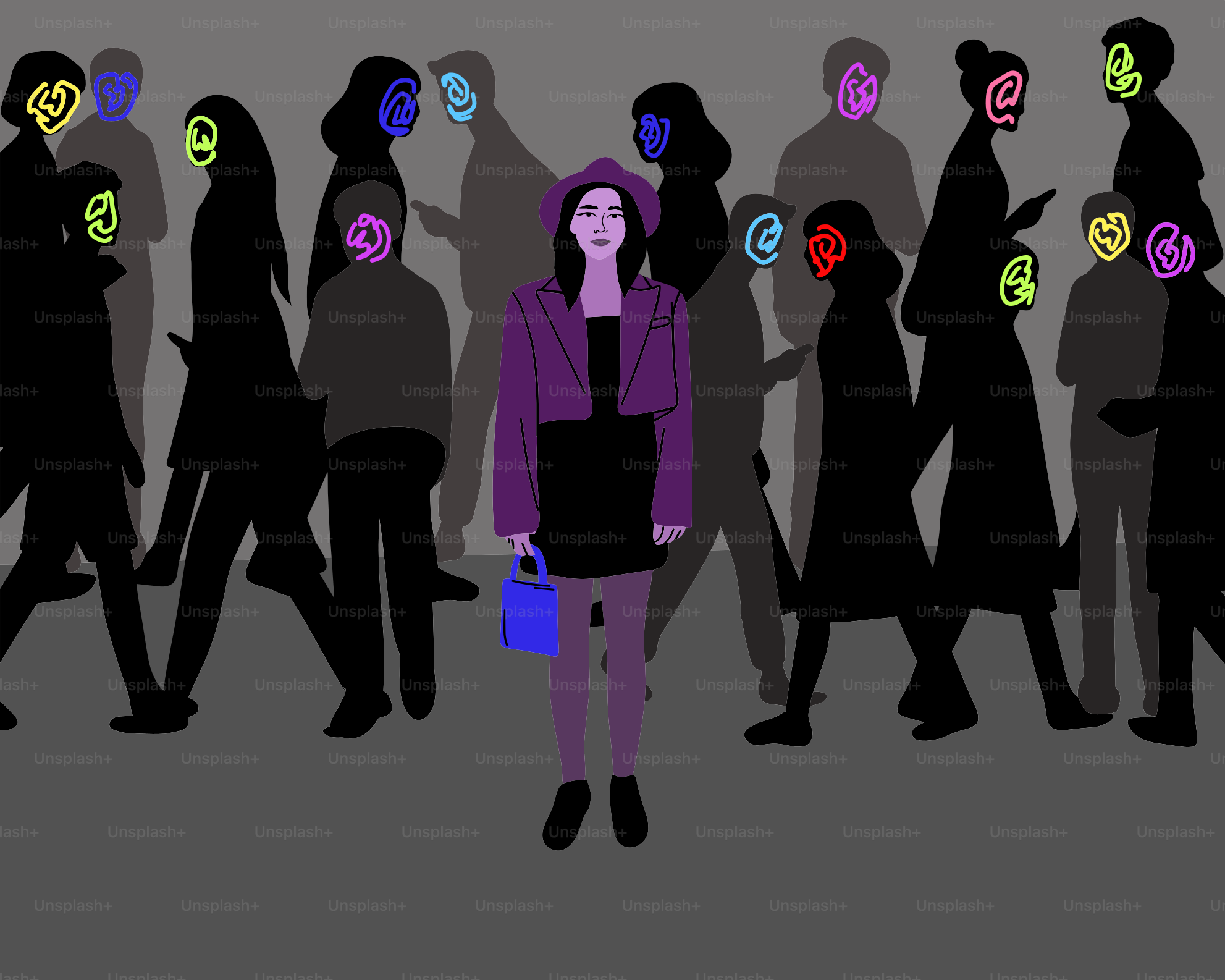 Woman stands out amidst a crowd of masked figures.