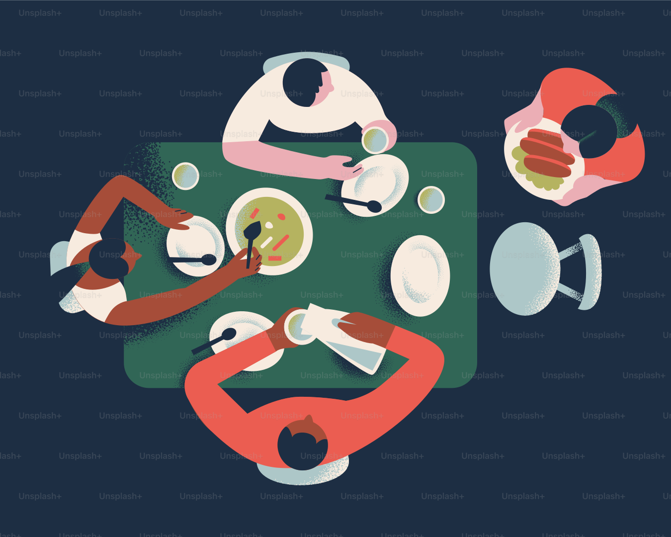 People gather around a table to eat dinner.