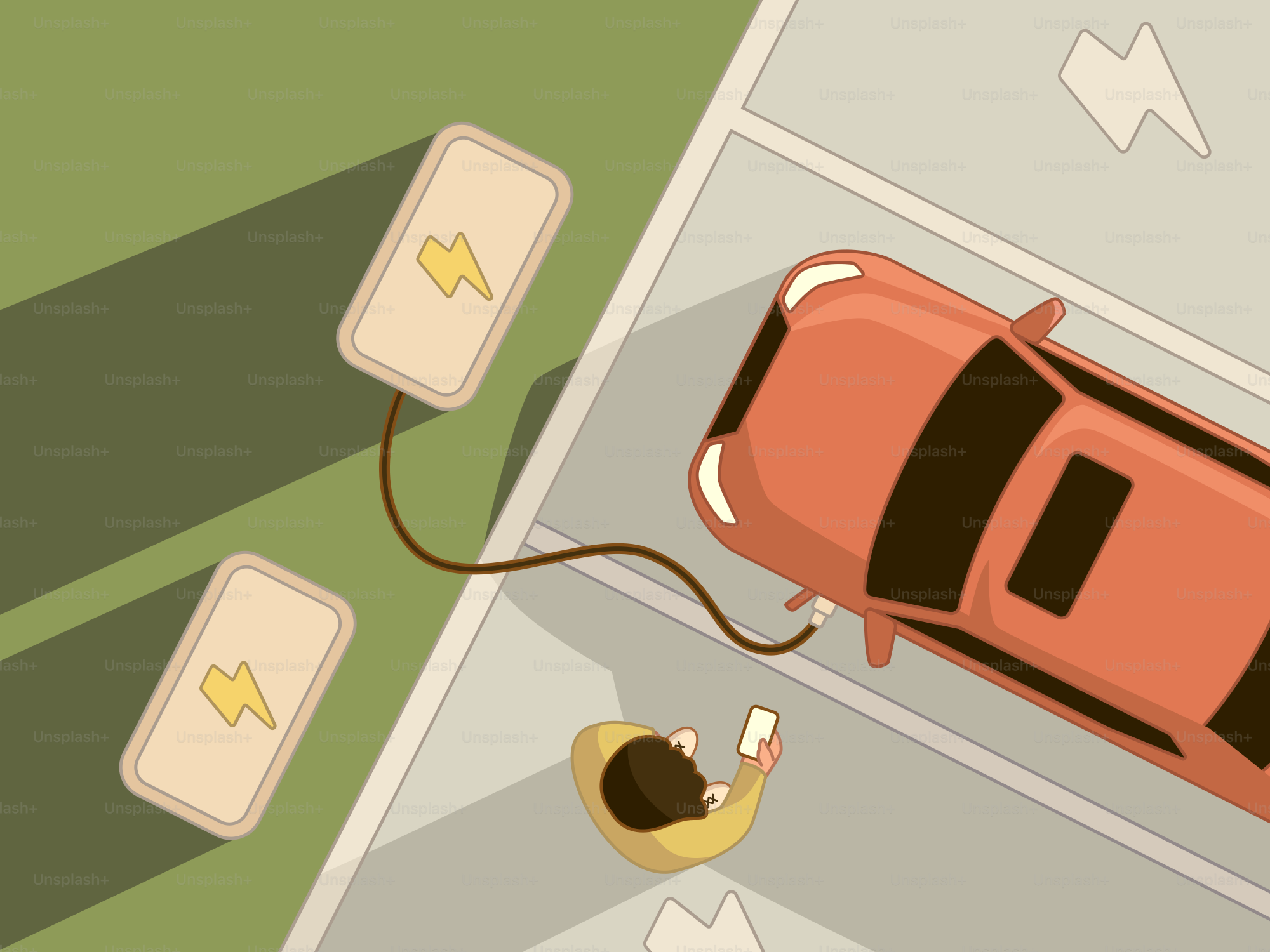 Mobil listrik sedang mengisi daya saat seseorang menunggu