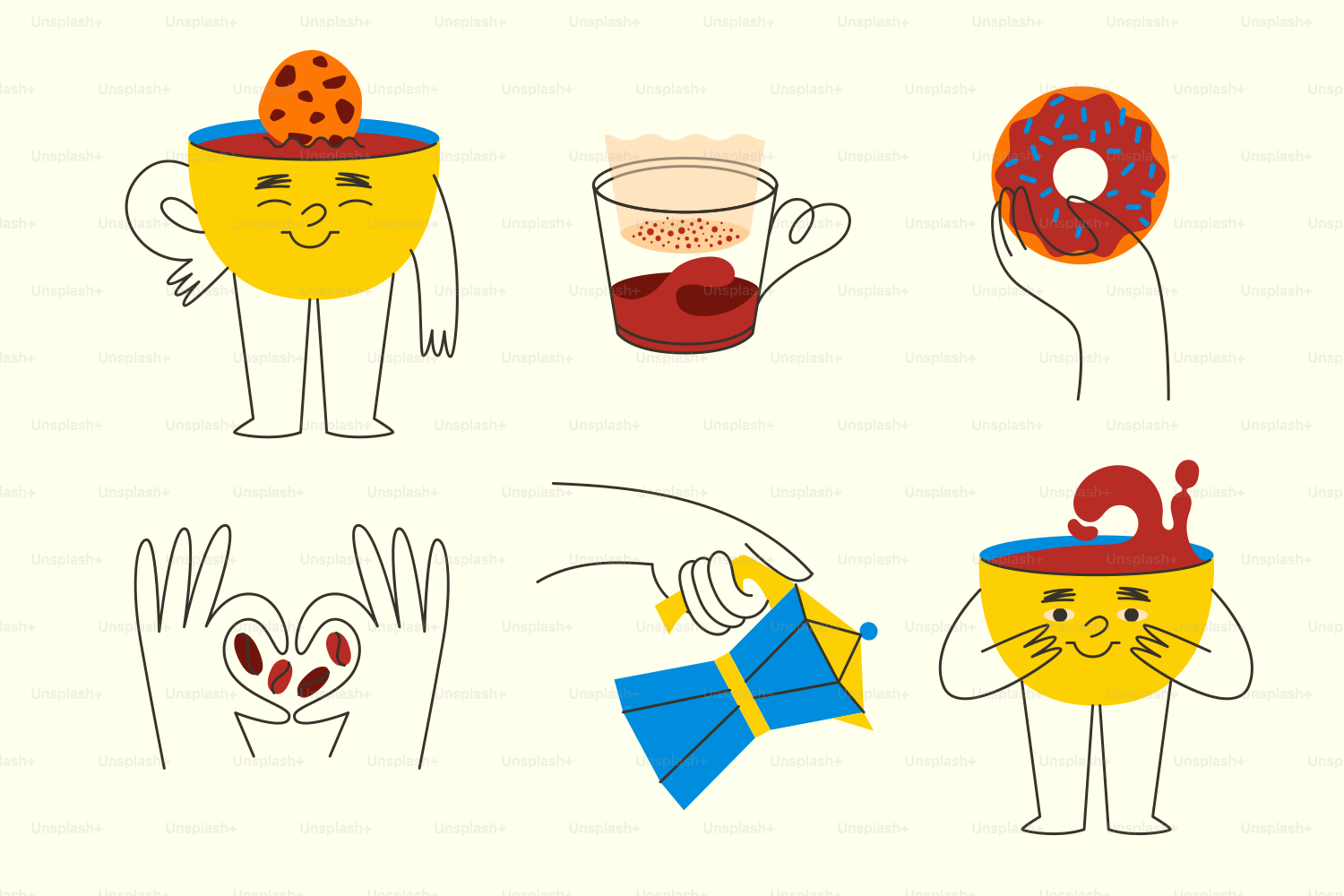 Verschiedene Designs zum Thema Kaffee mit Tassen und Leckereien.