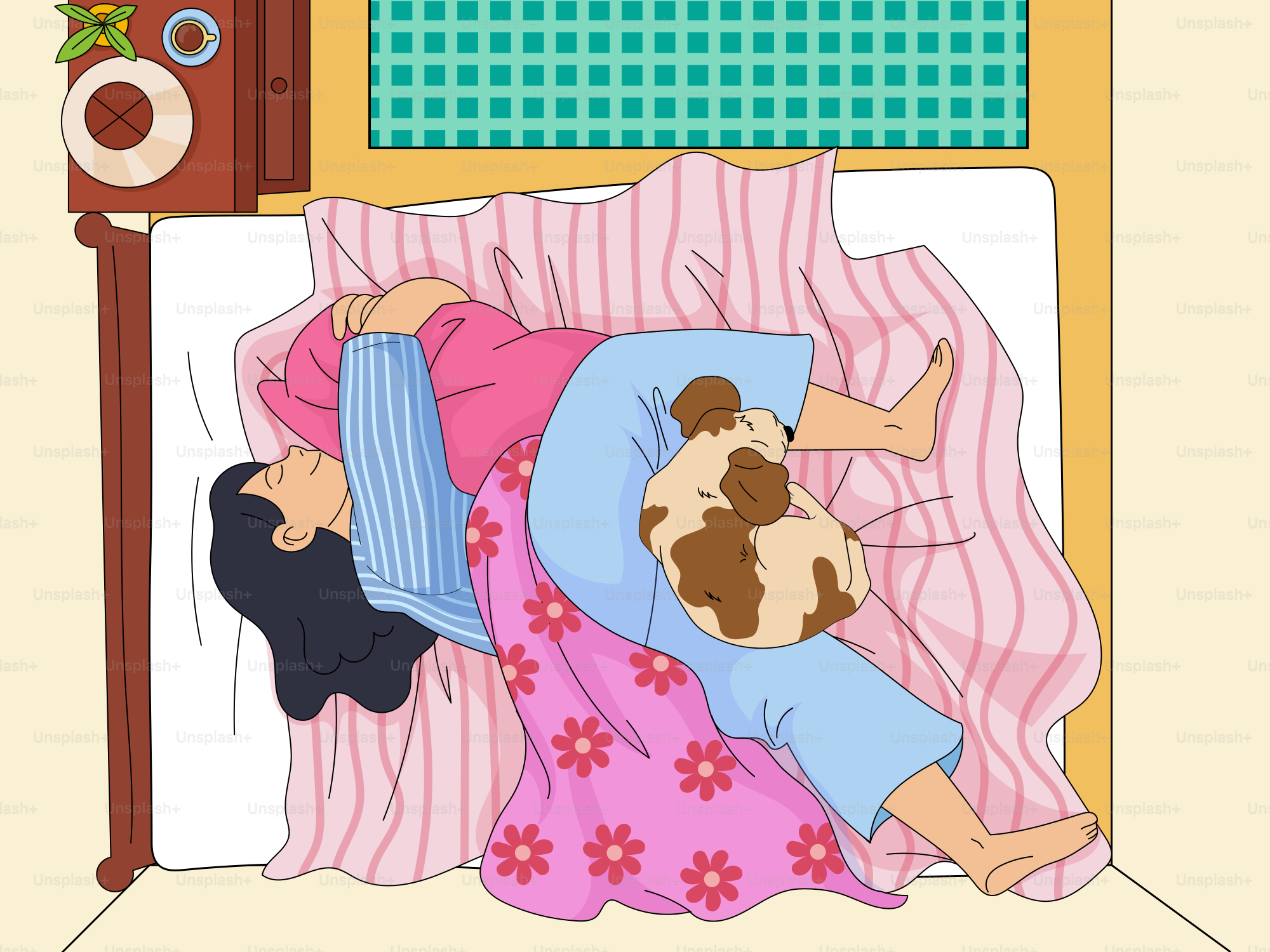 Uma mulher dorme profundamente na cama com um cachorro.