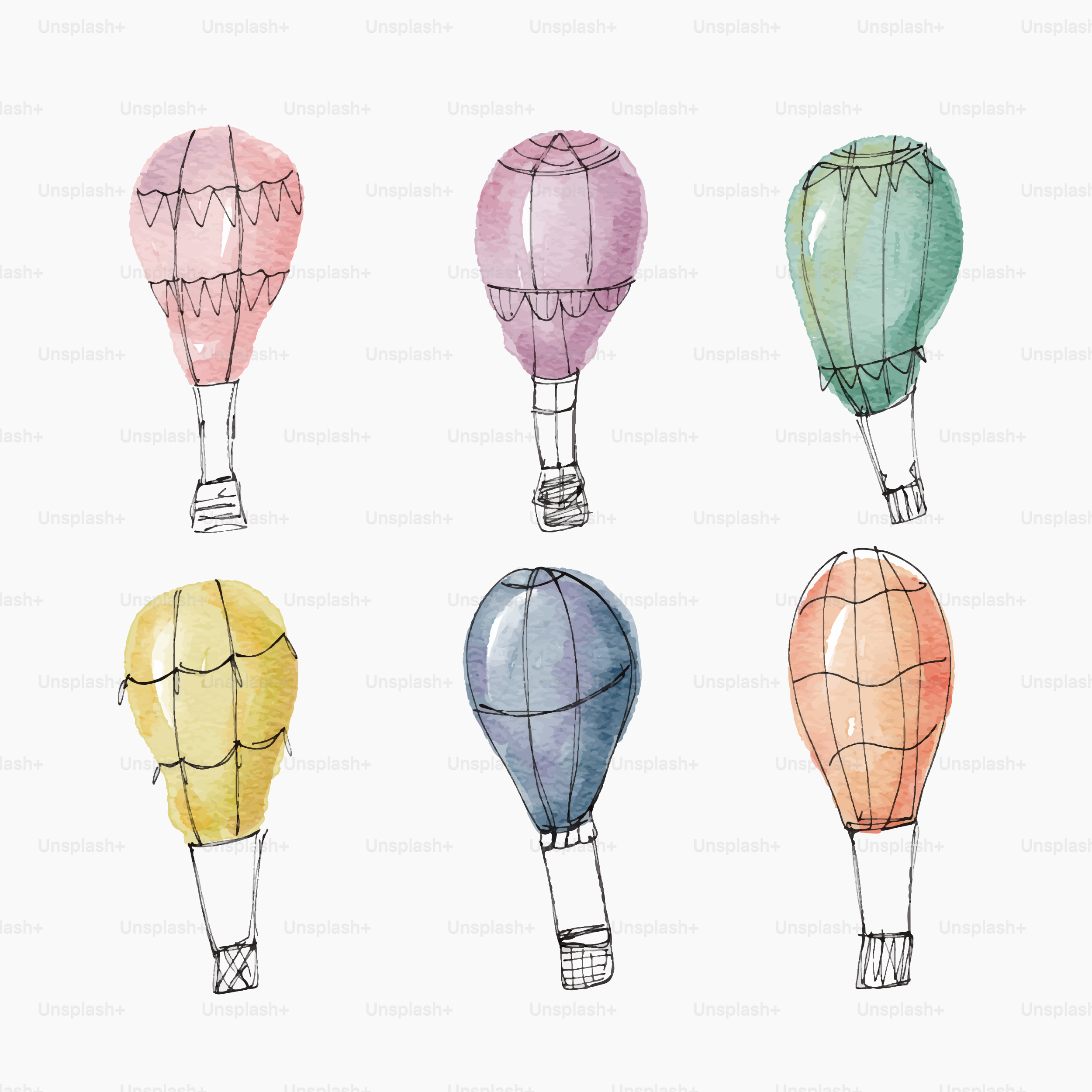 Six colorful watercolor hot air balloons are shown.