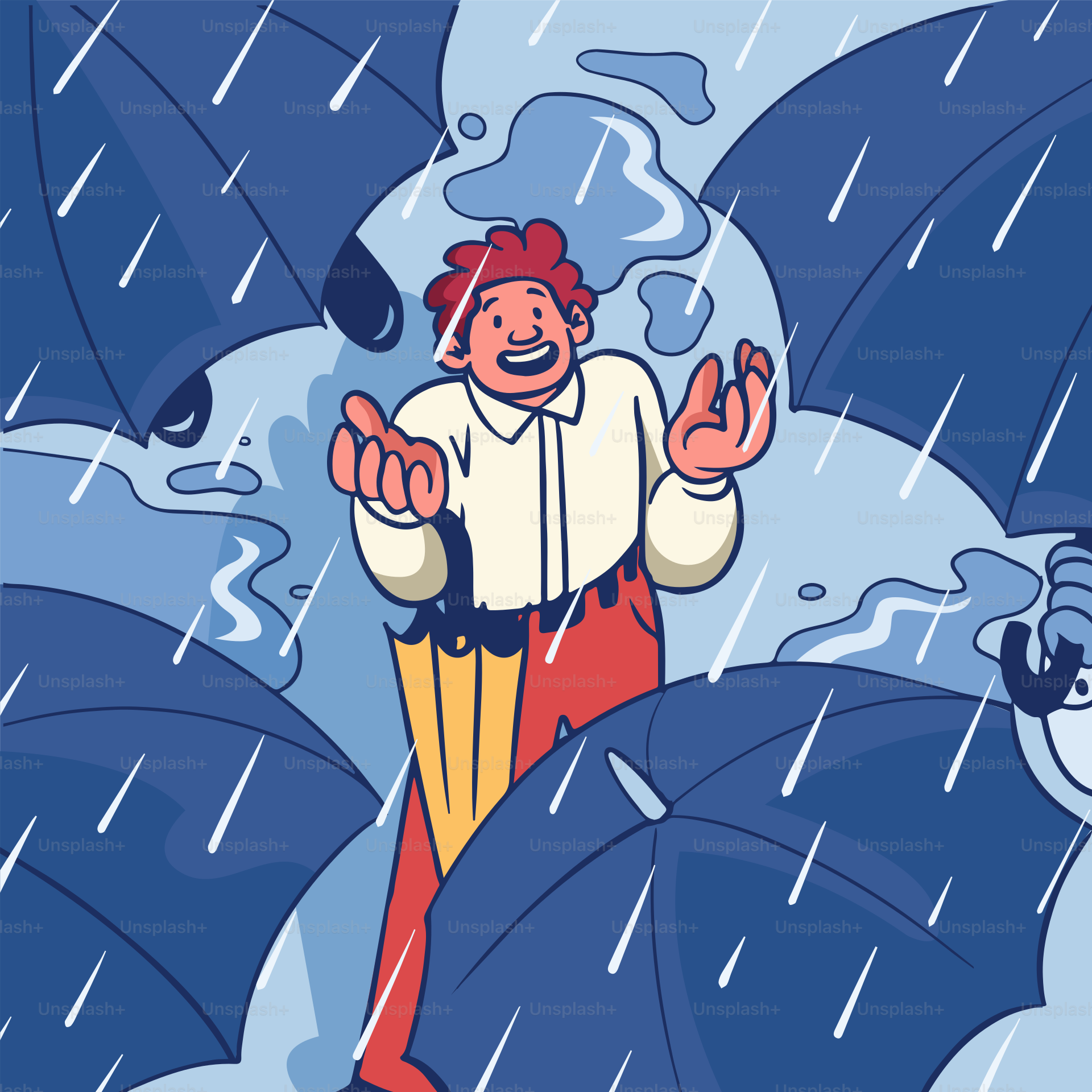 Man is caught in the rain, surrounded by umbrellas.