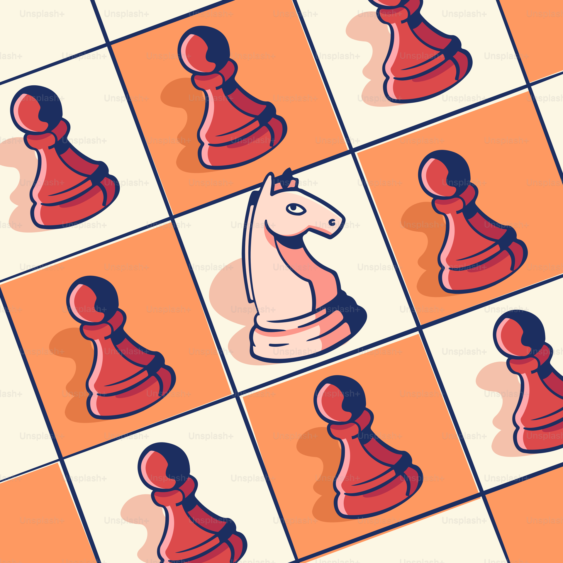 A knight surrounded by pawns on a chessboard.