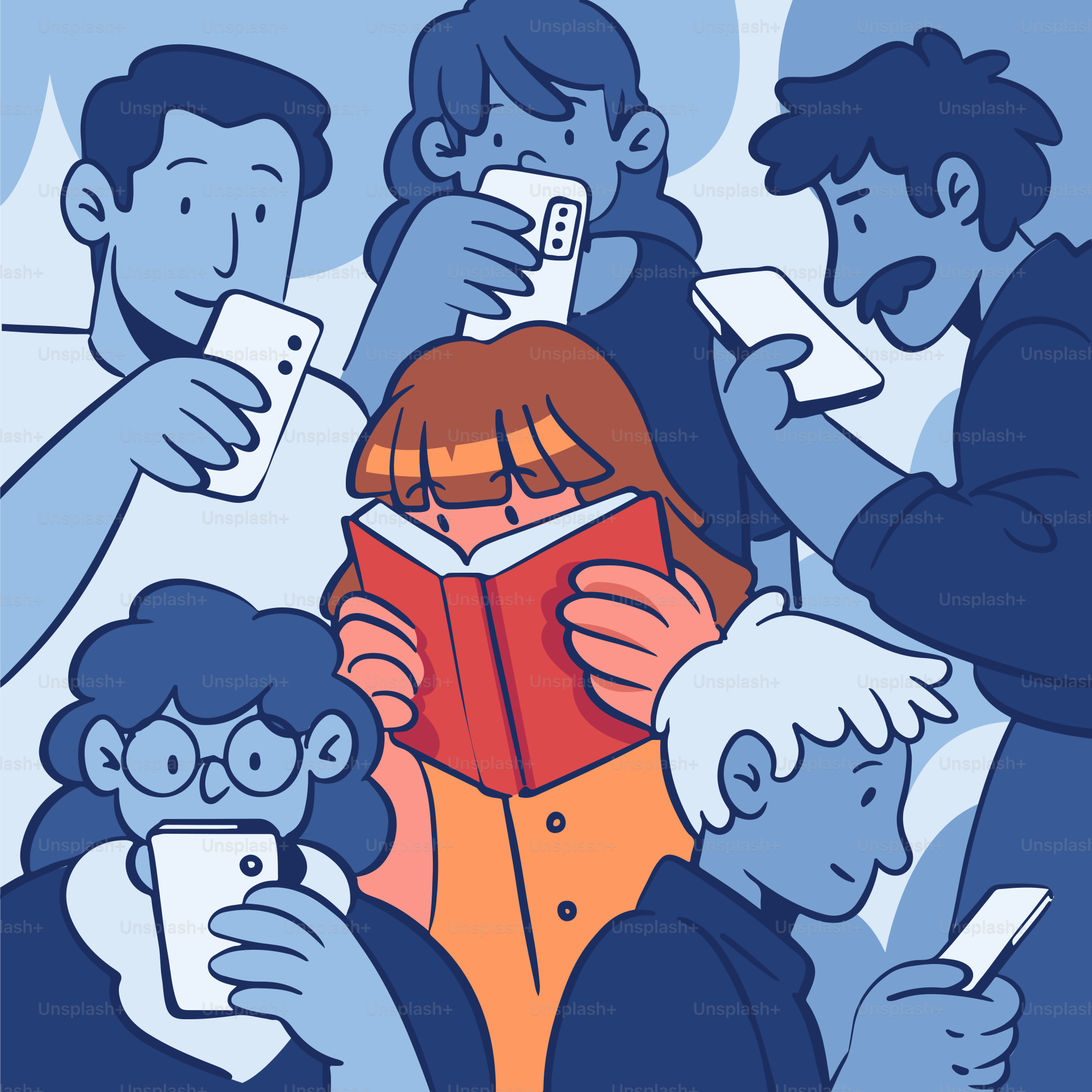 A person reads a book surrounded by smartphones.