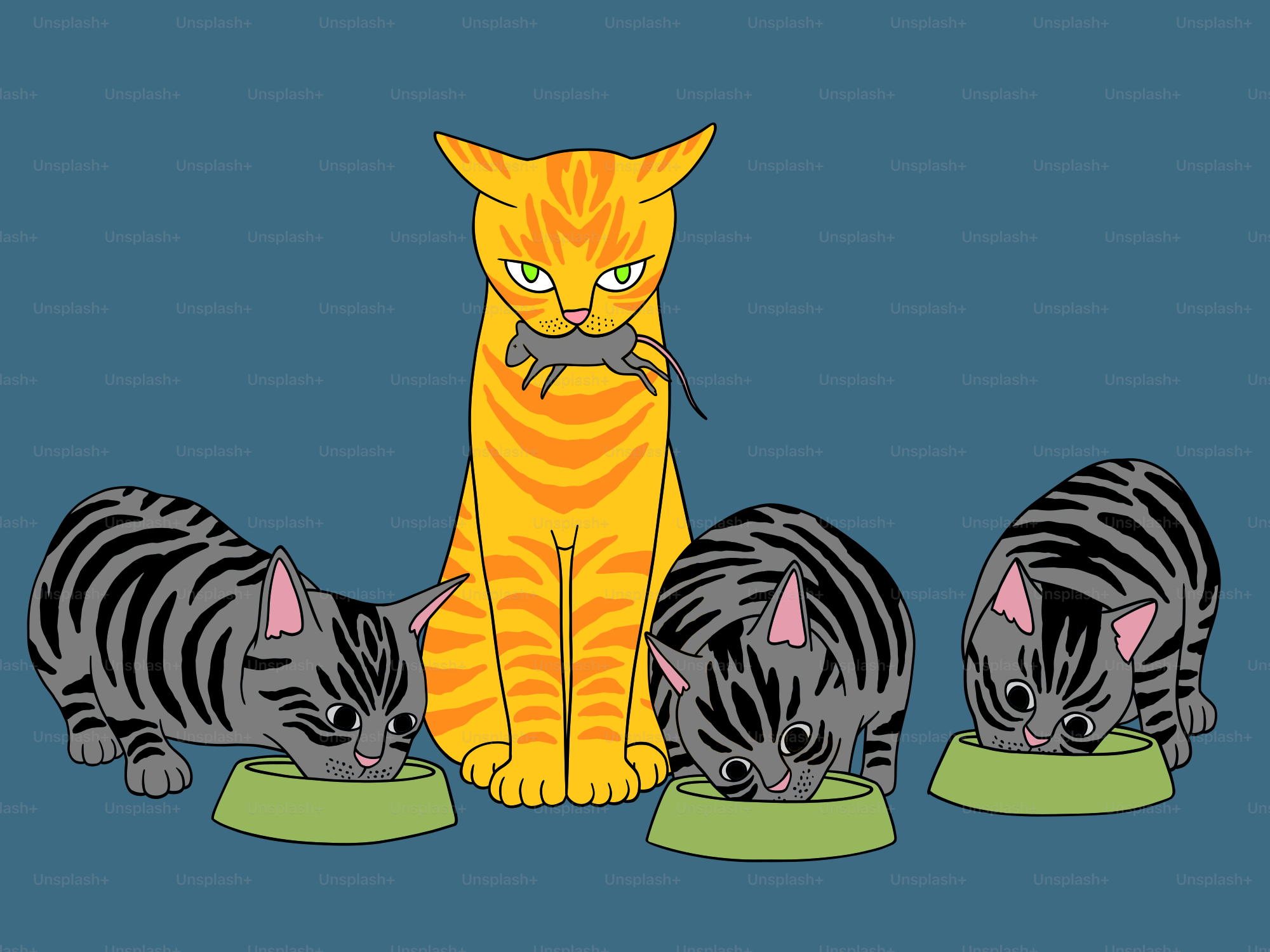 A cat presents a mouse to its kittens.