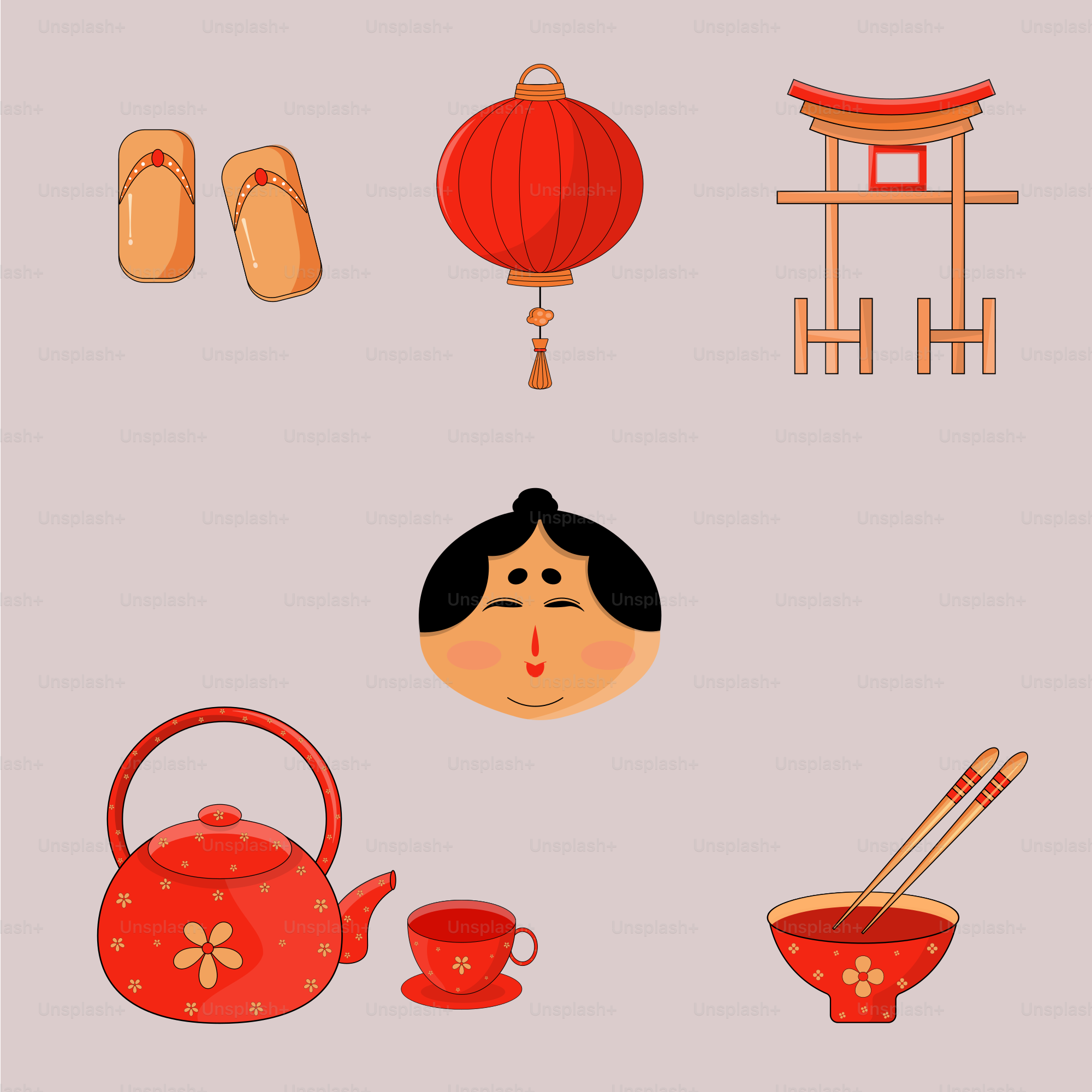 Japanese culture icons displayed on a grey background.