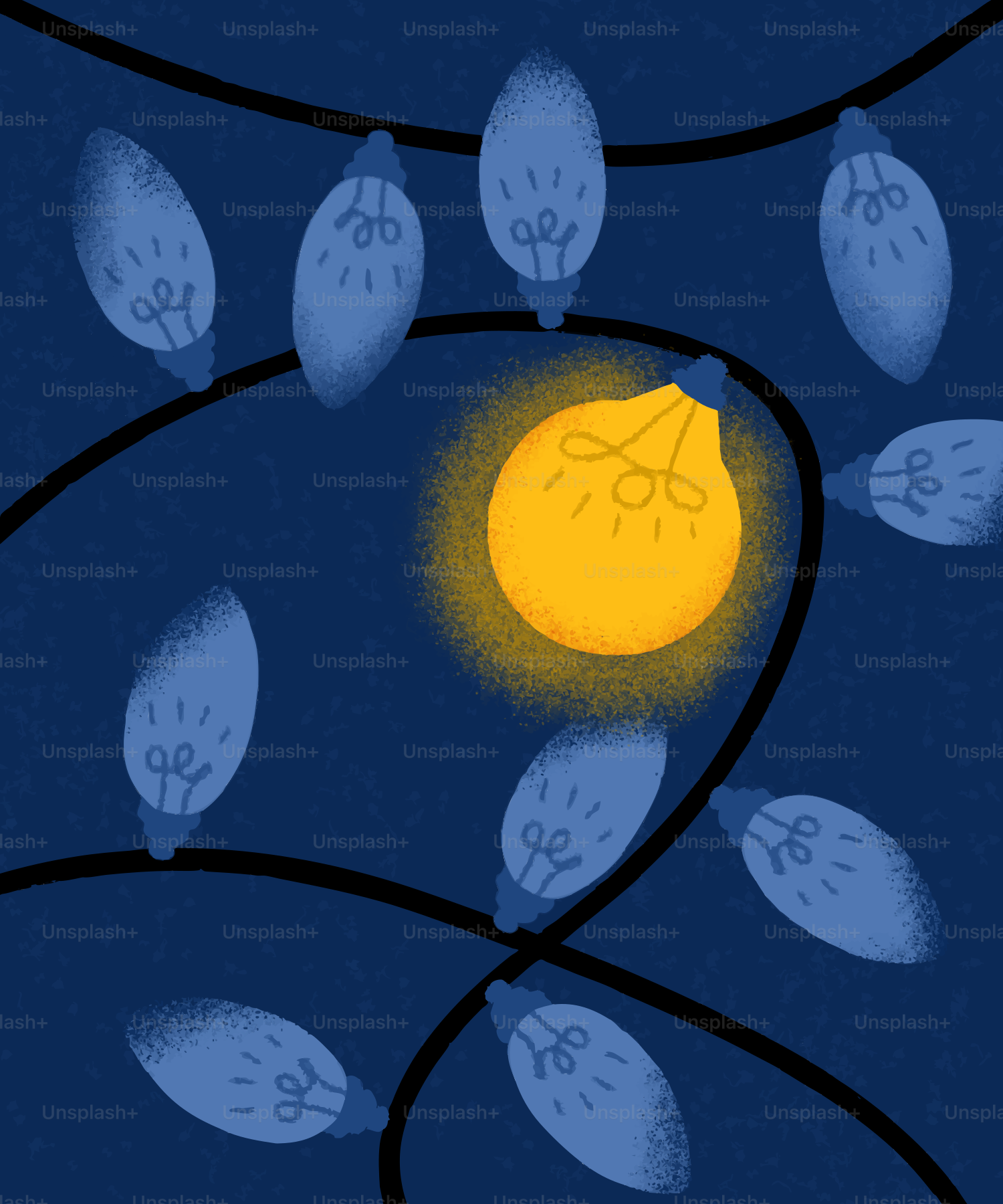 One light bulb shines brightly among others.