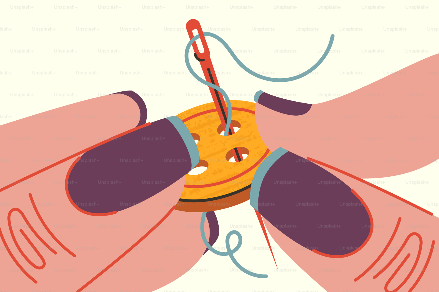 Sewing a button with thread and a needle.