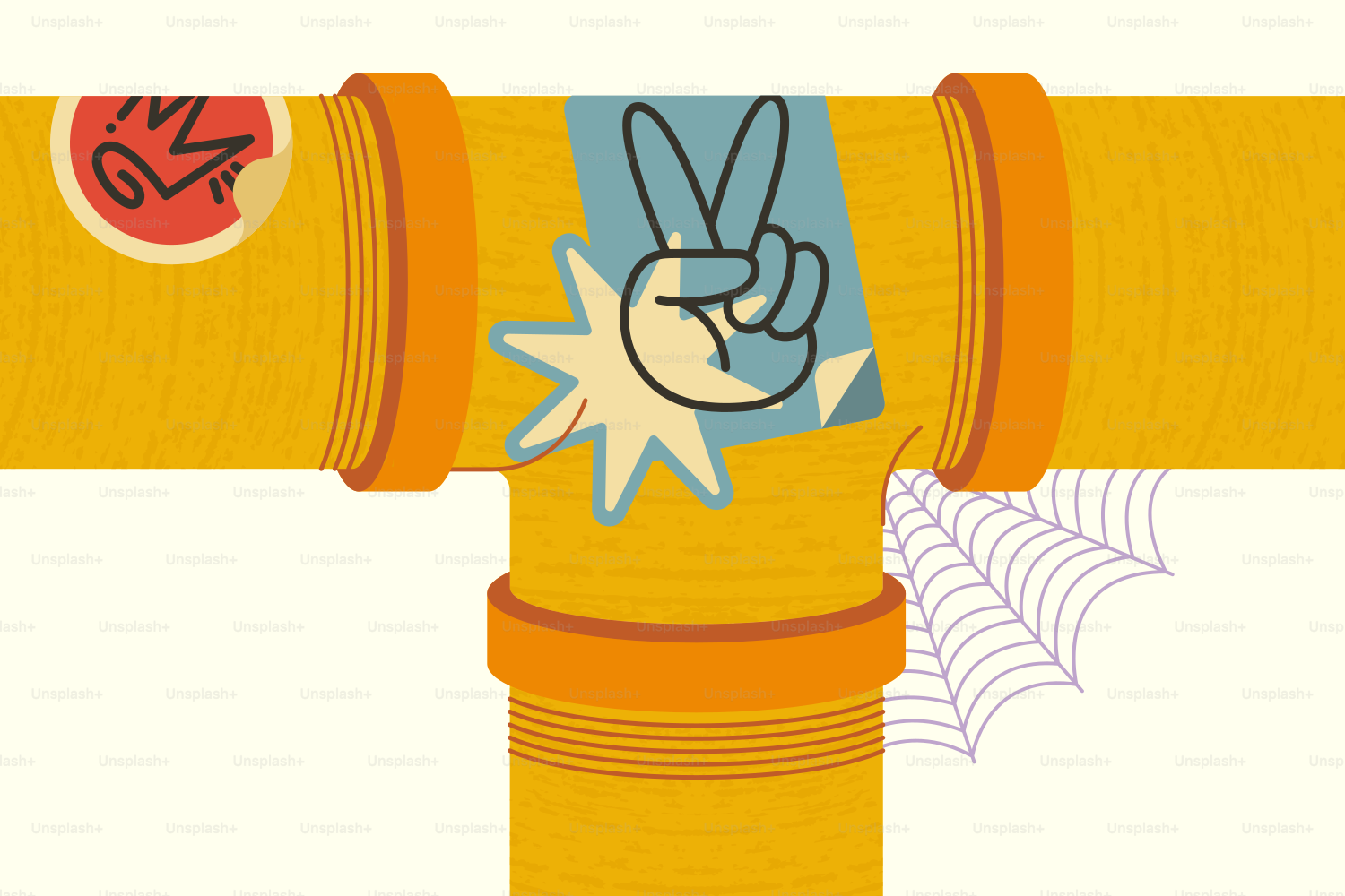 Eine Cartoon-Pfeife ist mit Aufklebern verziert.